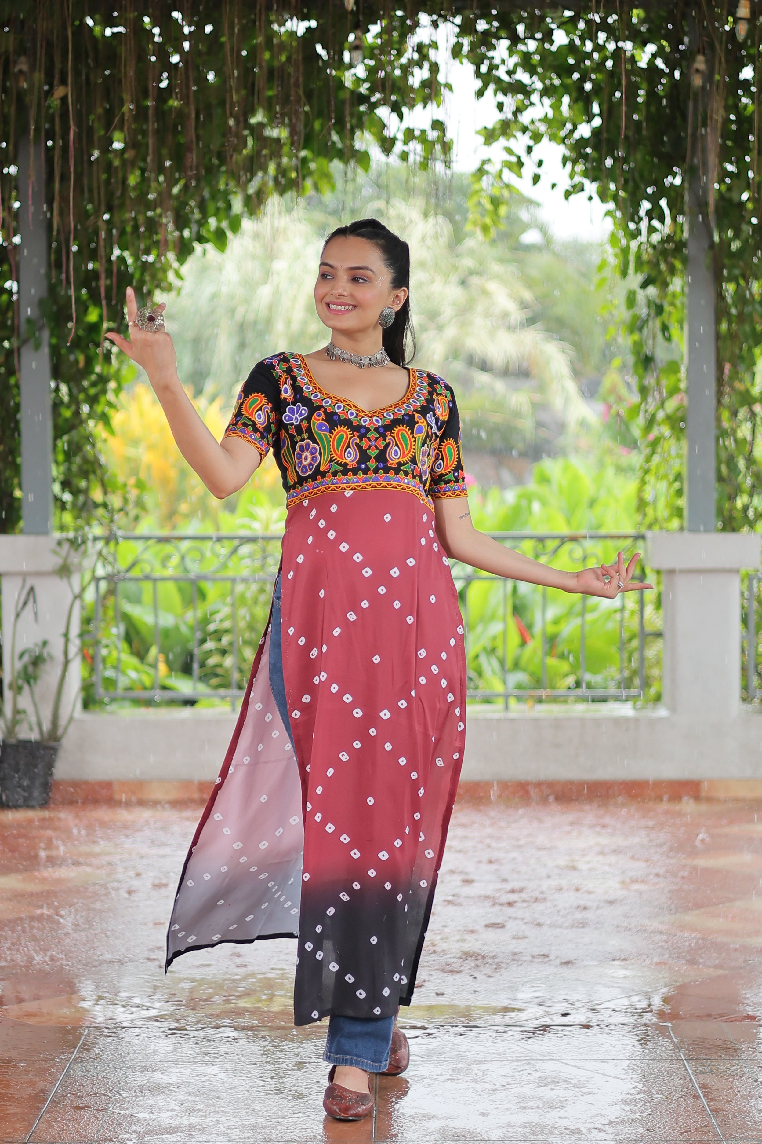 Bandhani Printed Kutchi Embroidered Short Kurti