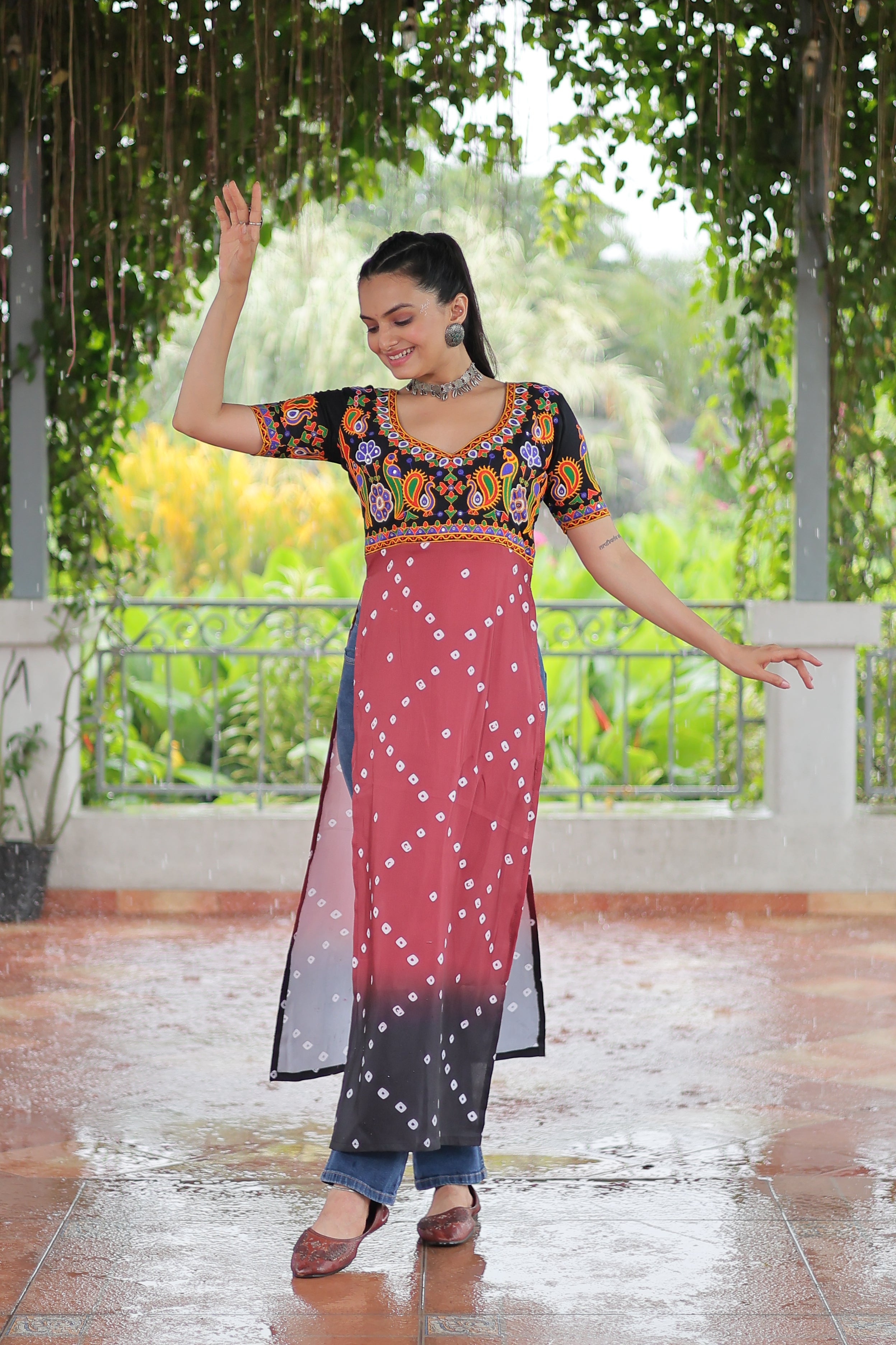 Bandhani Printed Kutchi Embroidered Short Kurti