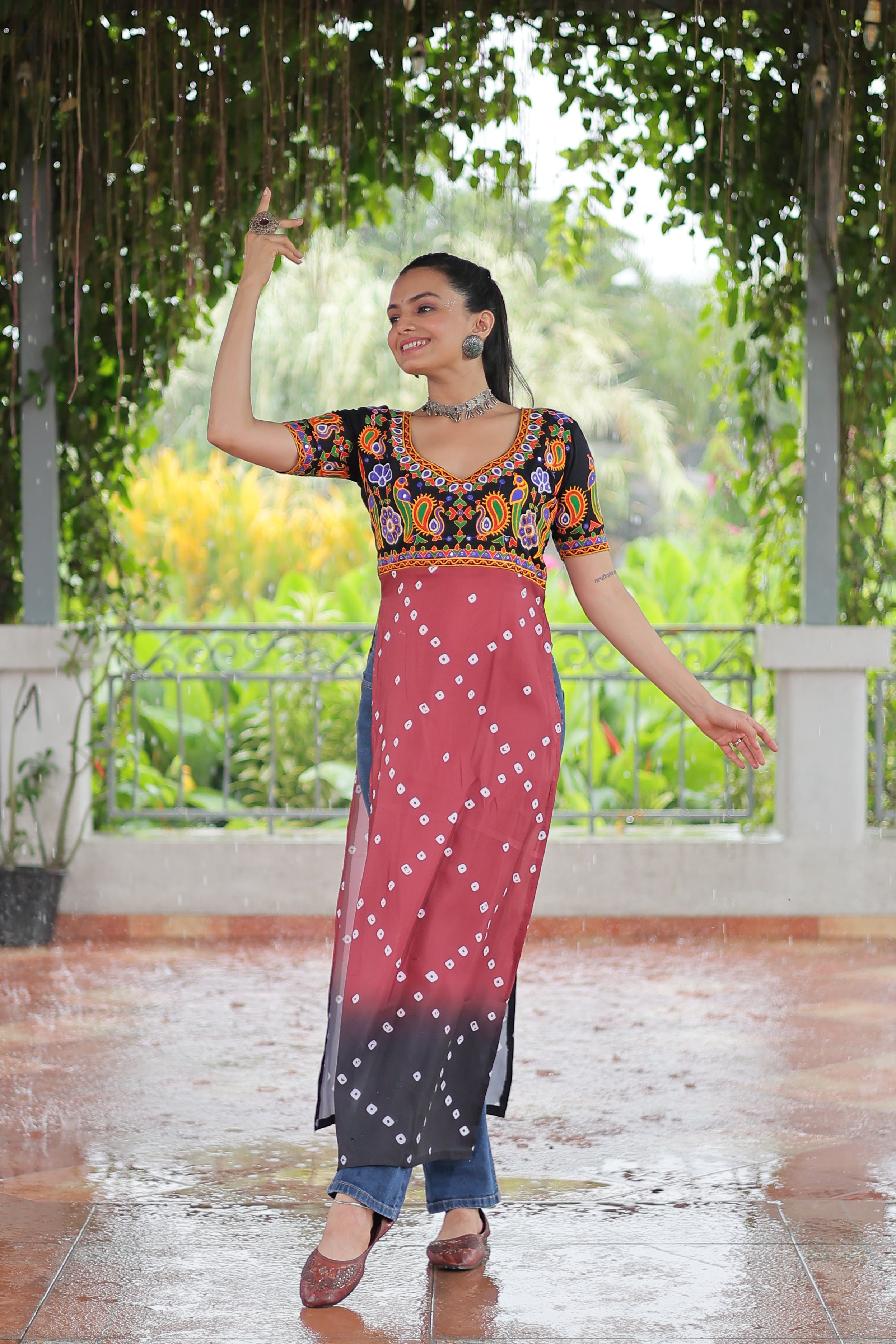 Bandhani Printed Kutchi Embroidered Short Kurti