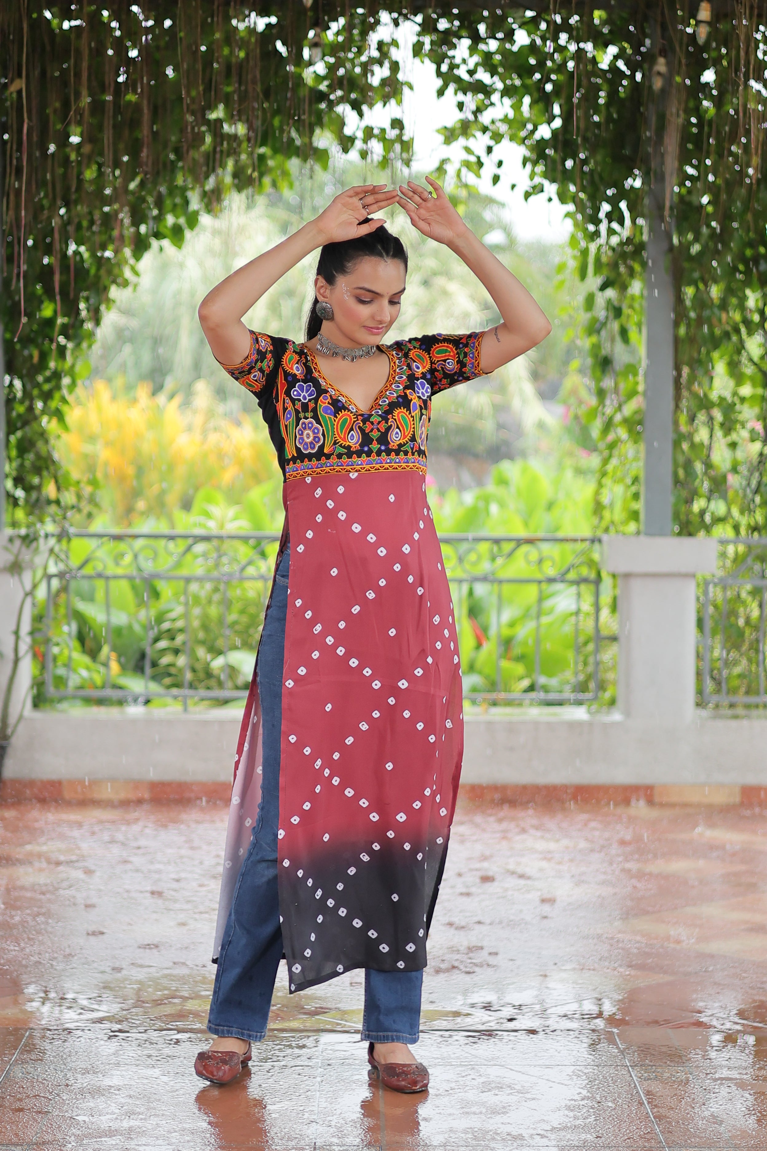 Bandhani Printed Kutchi Embroidered Short Kurti