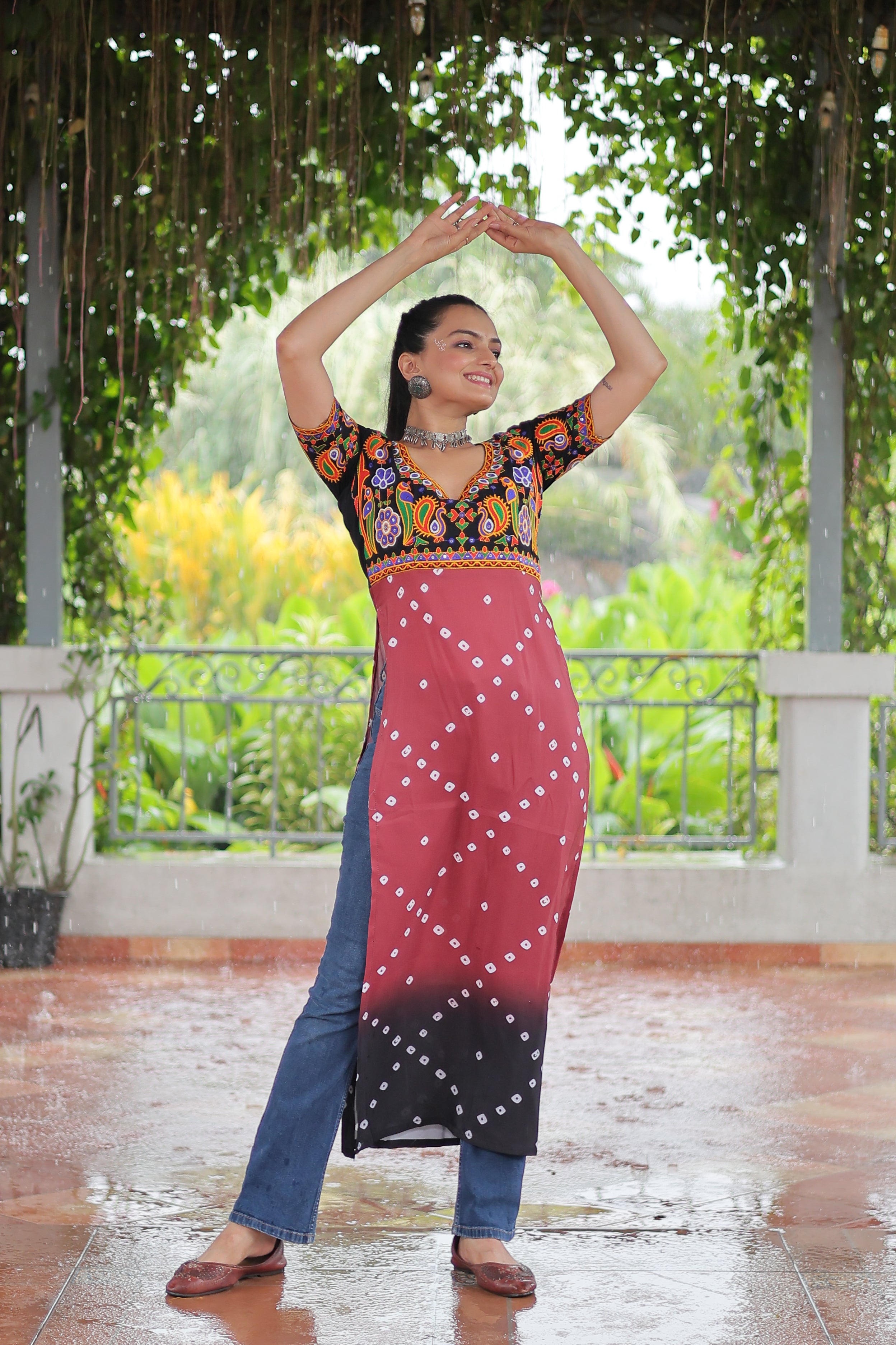 Bandhani Printed Kutchi Embroidered Short Kurti