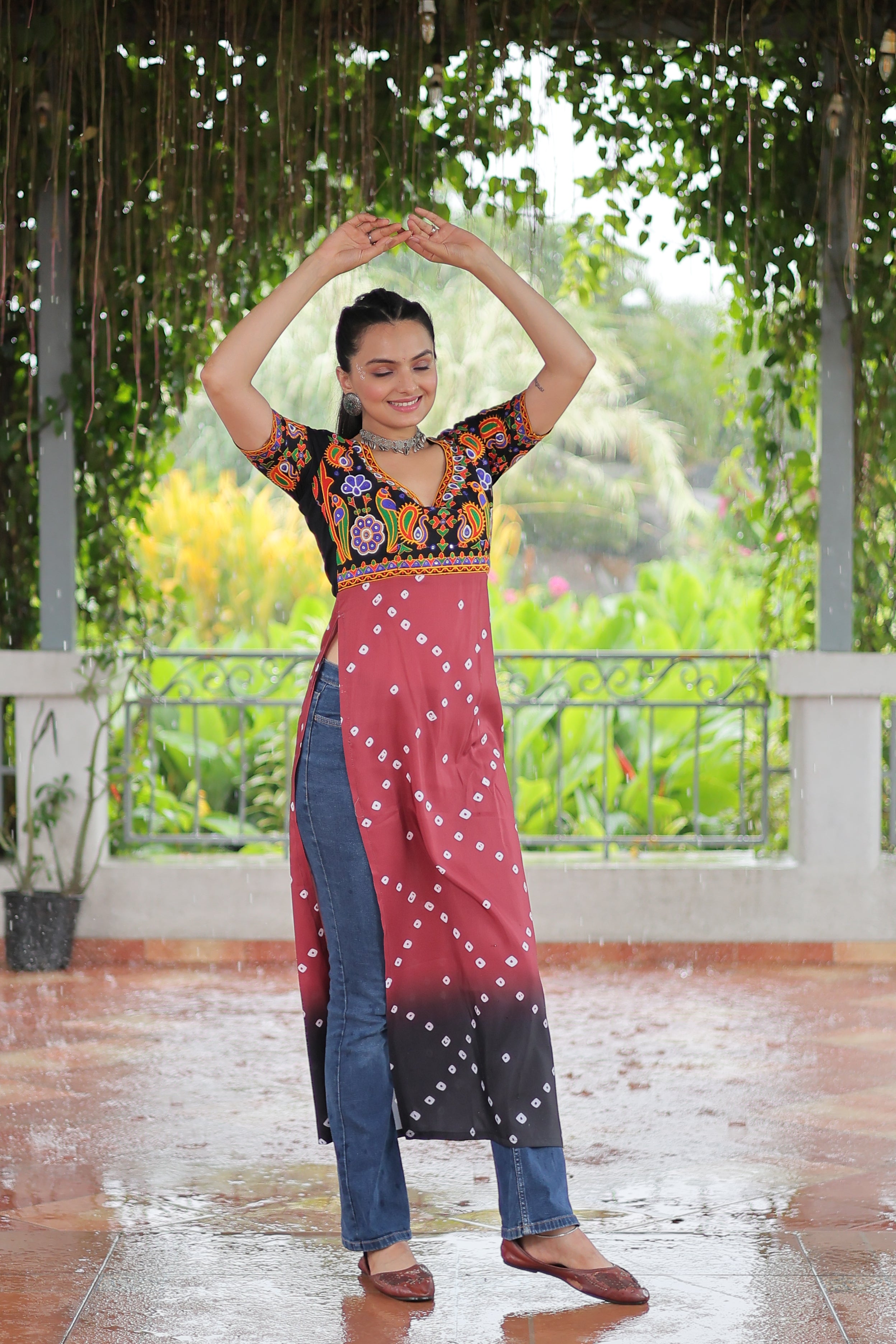 Bandhani Printed Kutchi Embroidered Short Kurti