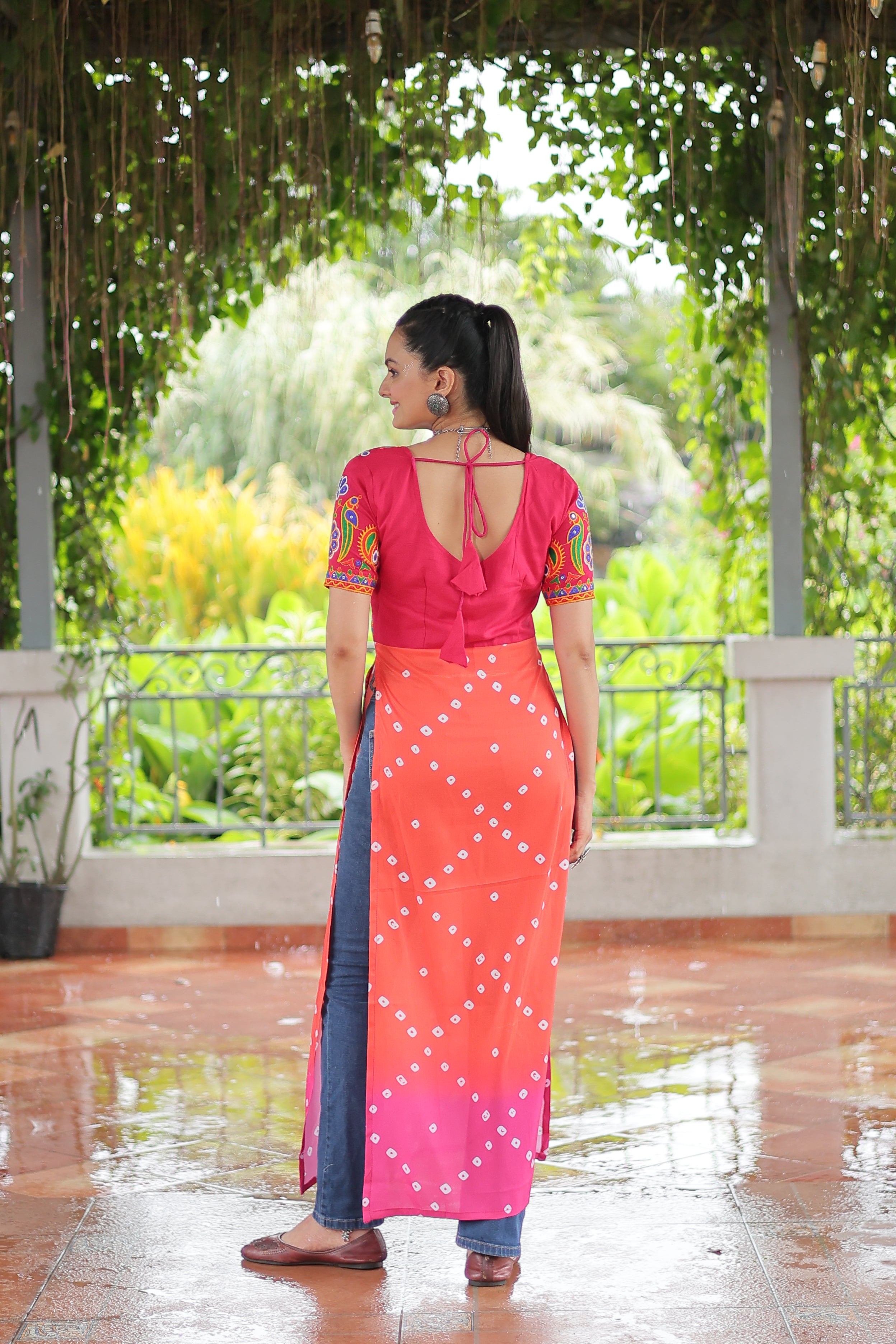 Bandhani Printed Kutchi Embroidered Short Kurti