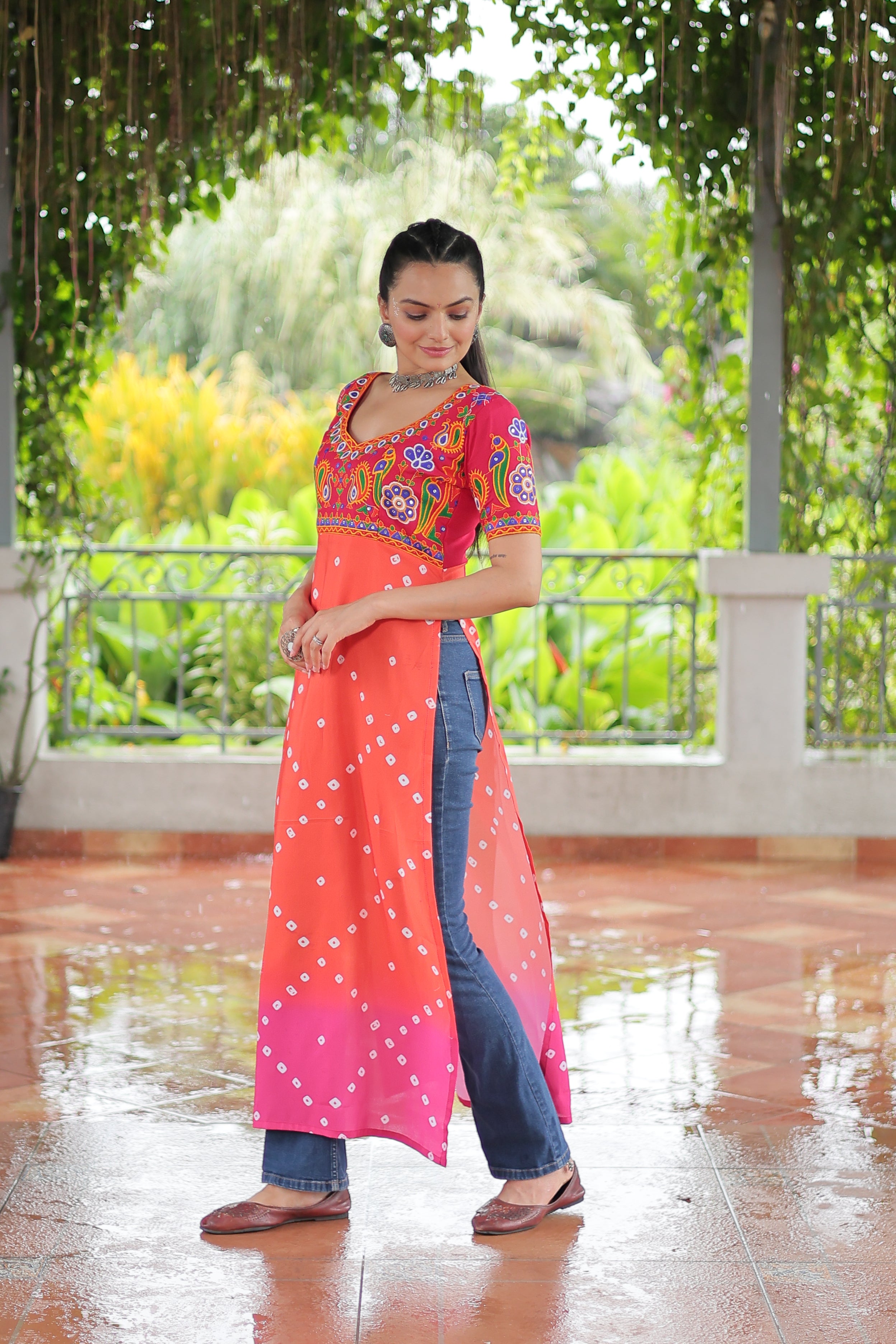 Bandhani Printed Kutchi Embroidered Short Kurti