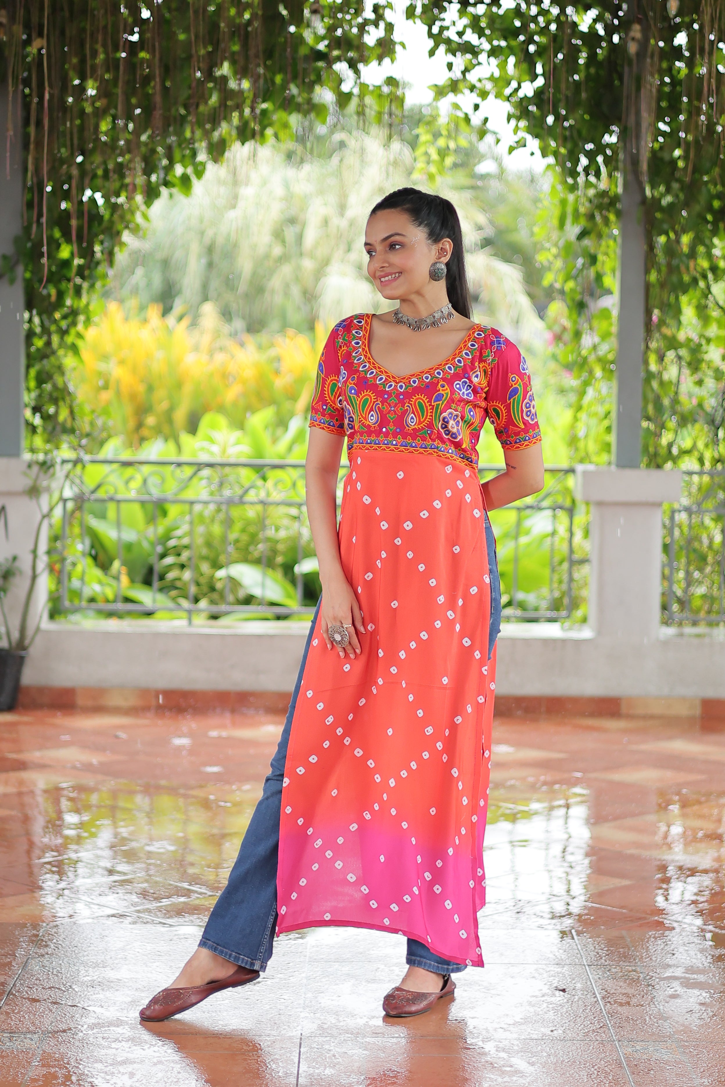 Bandhani Printed Kutchi Embroidered Short Kurti
