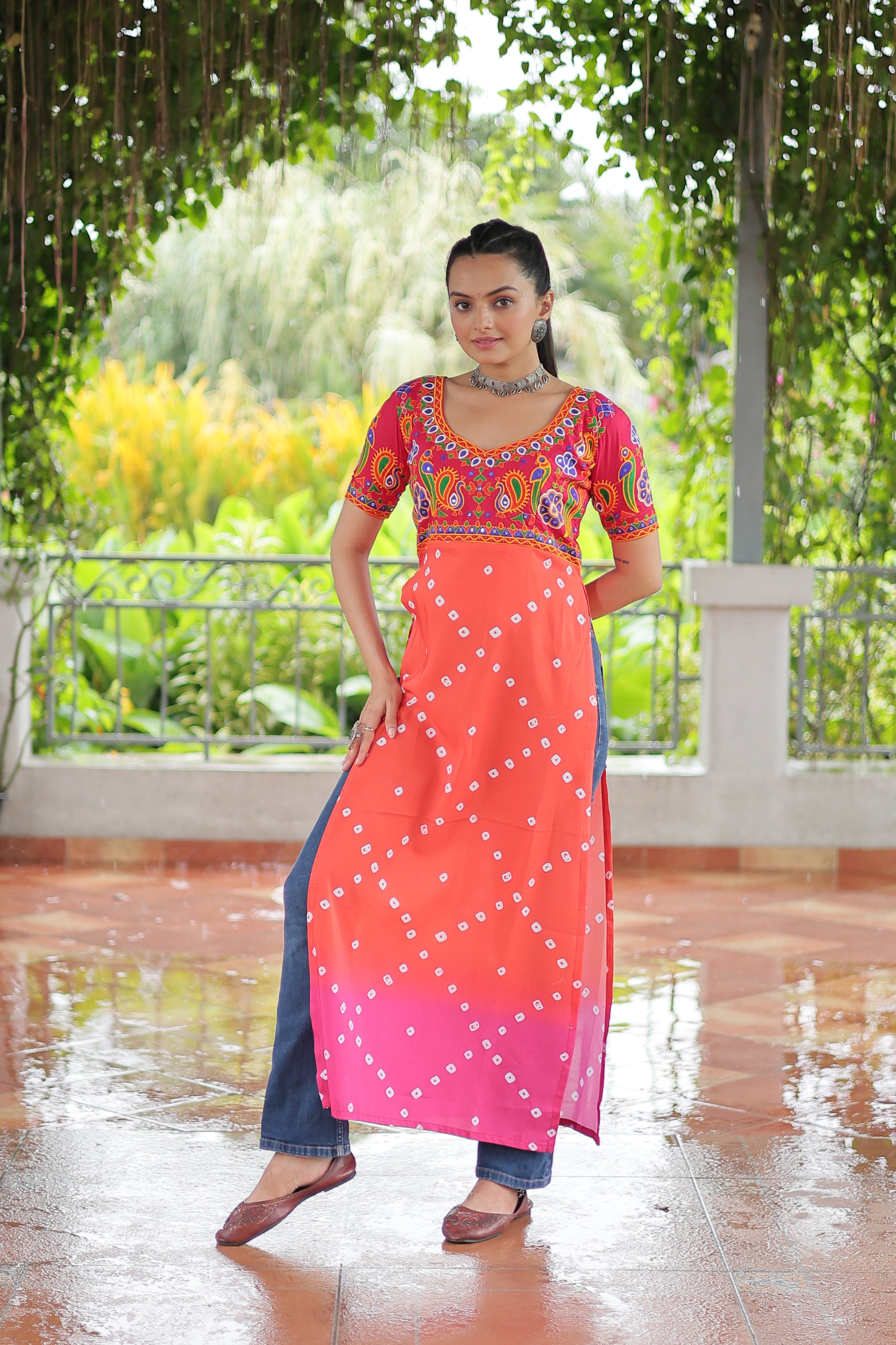 Bandhani Printed Kutchi Embroidered Short Kurti