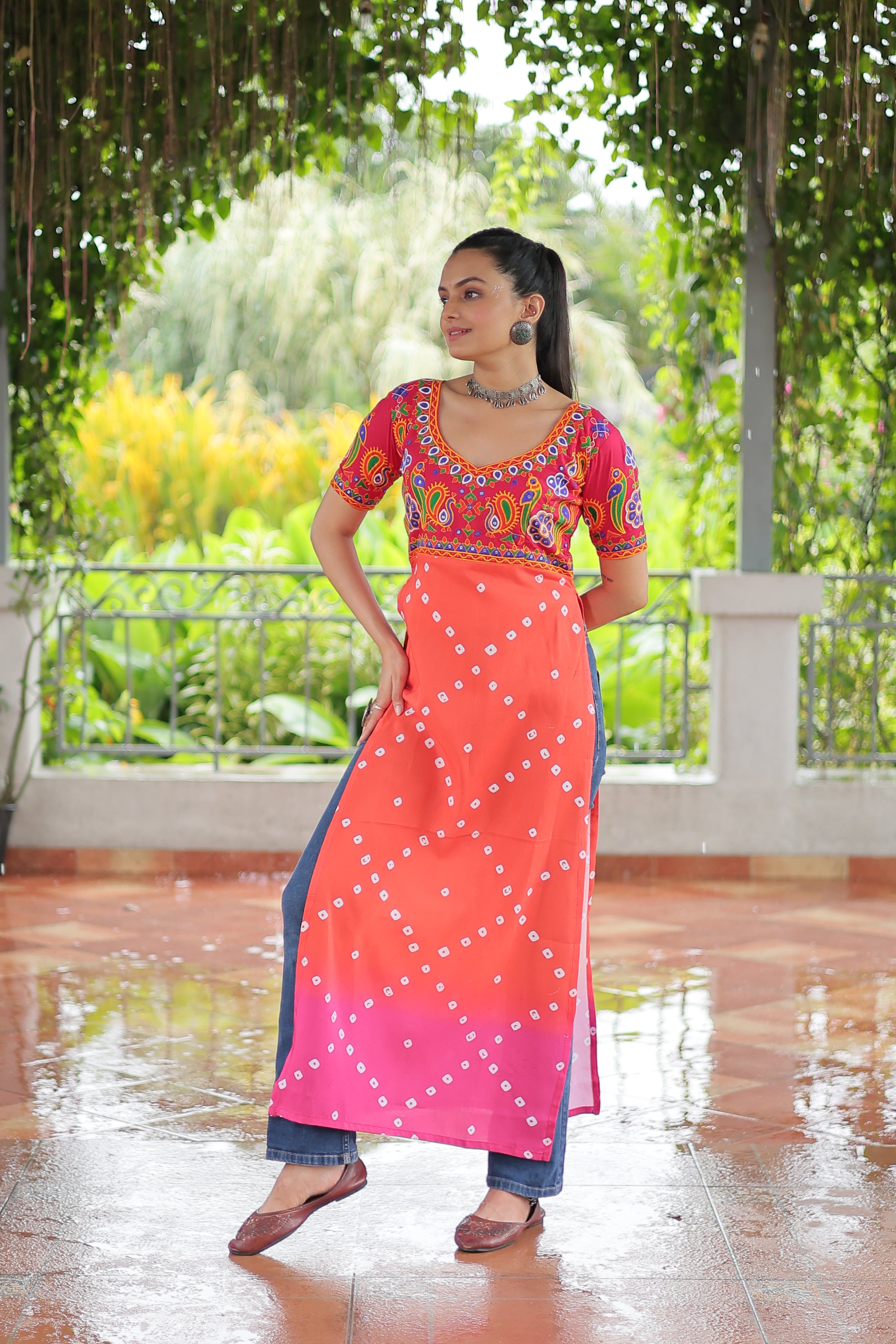 Bandhani Printed Kutchi Embroidered Short Kurti