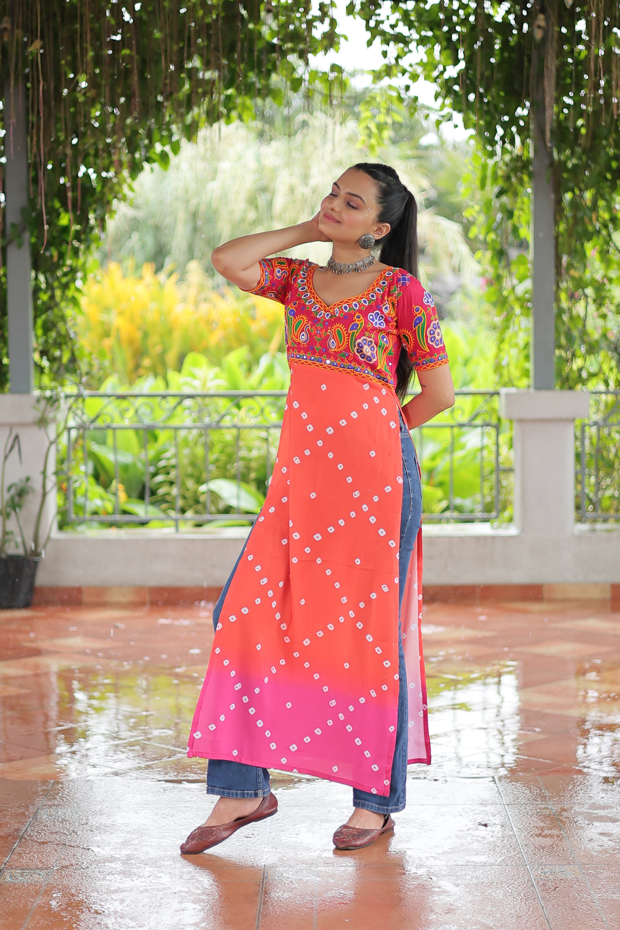 Bandhani Printed Kutchi Embroidered Short Kurti