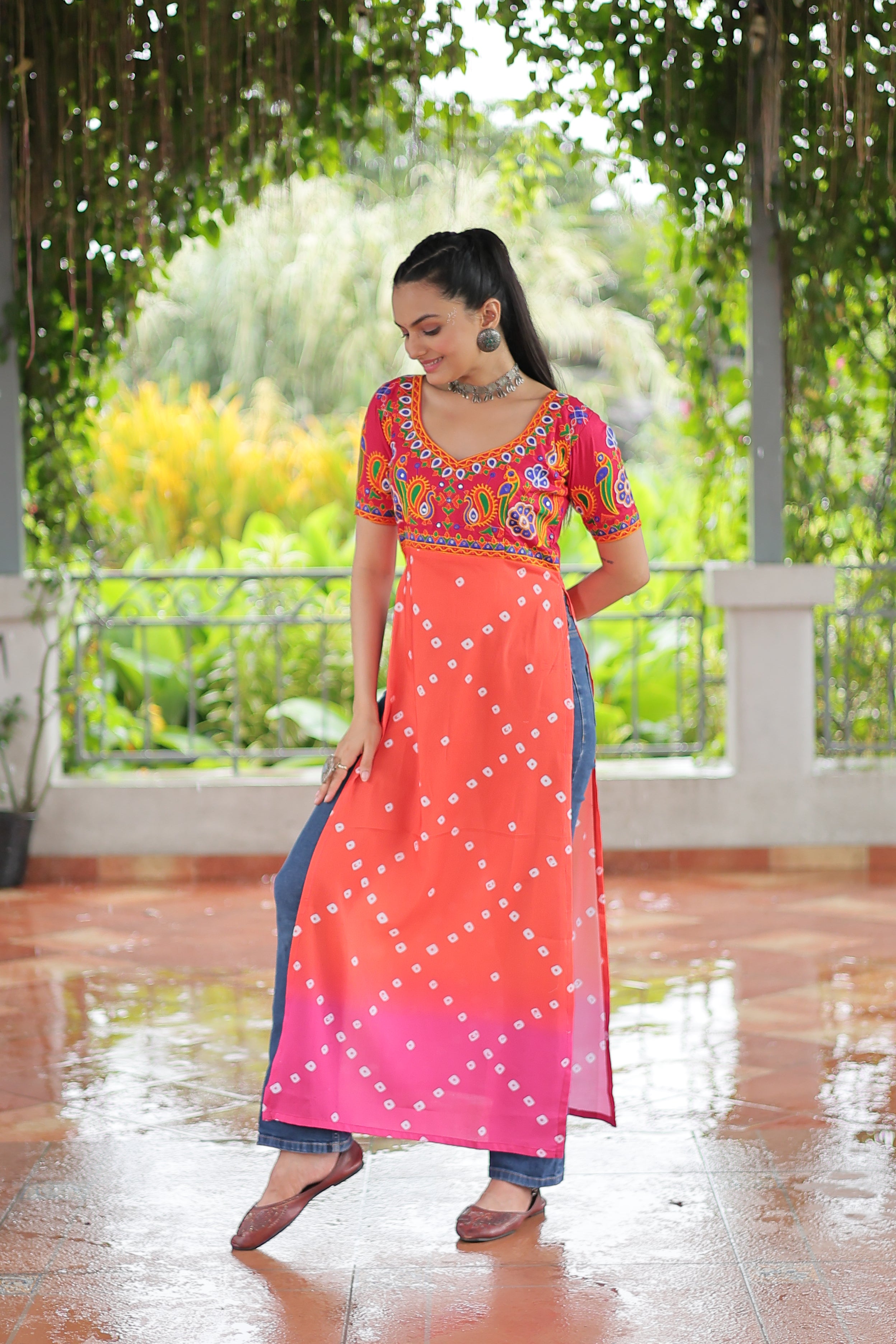 Bandhani Printed Kutchi Embroidered Short Kurti