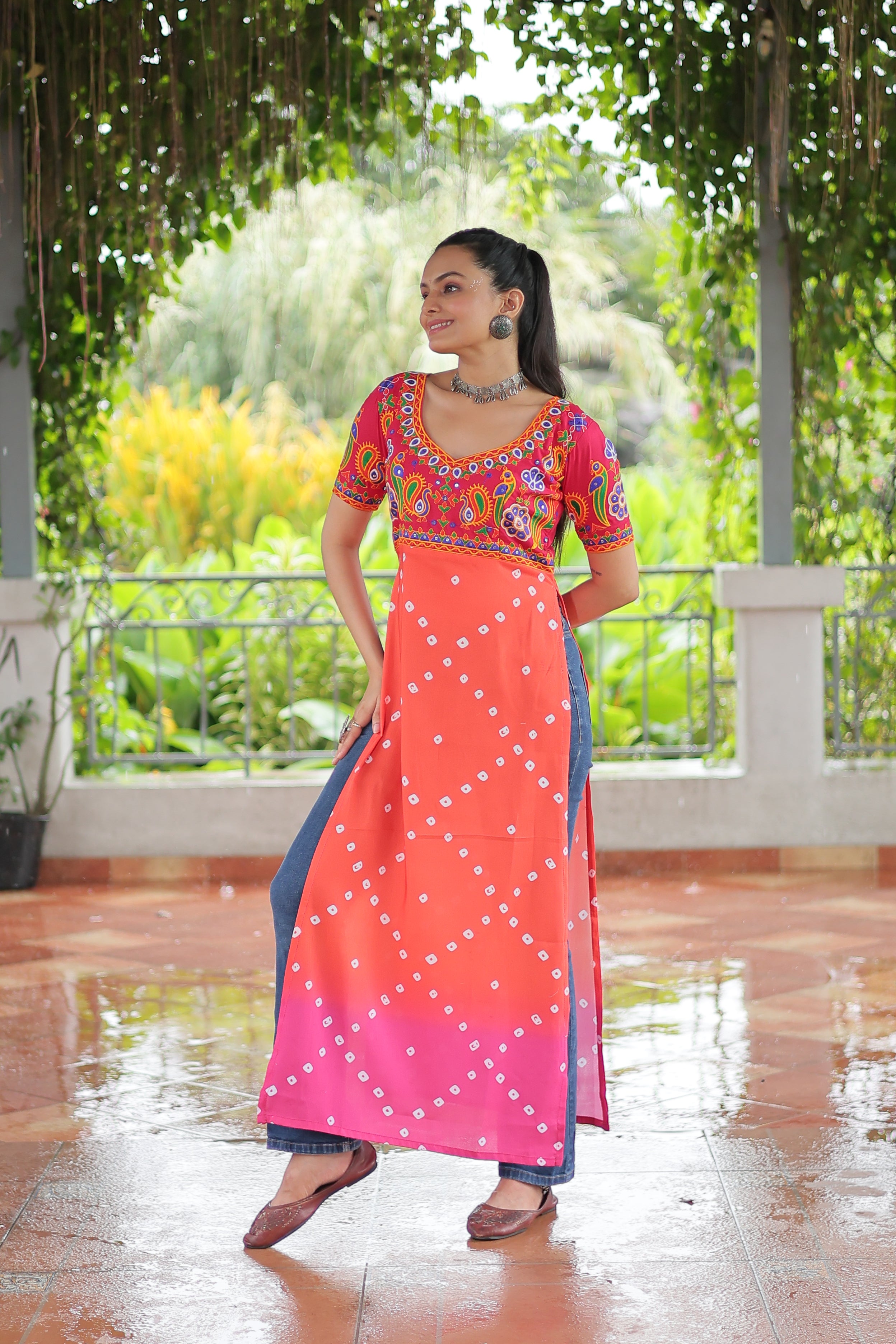 Bandhani Printed Kutchi Embroidered Short Kurti