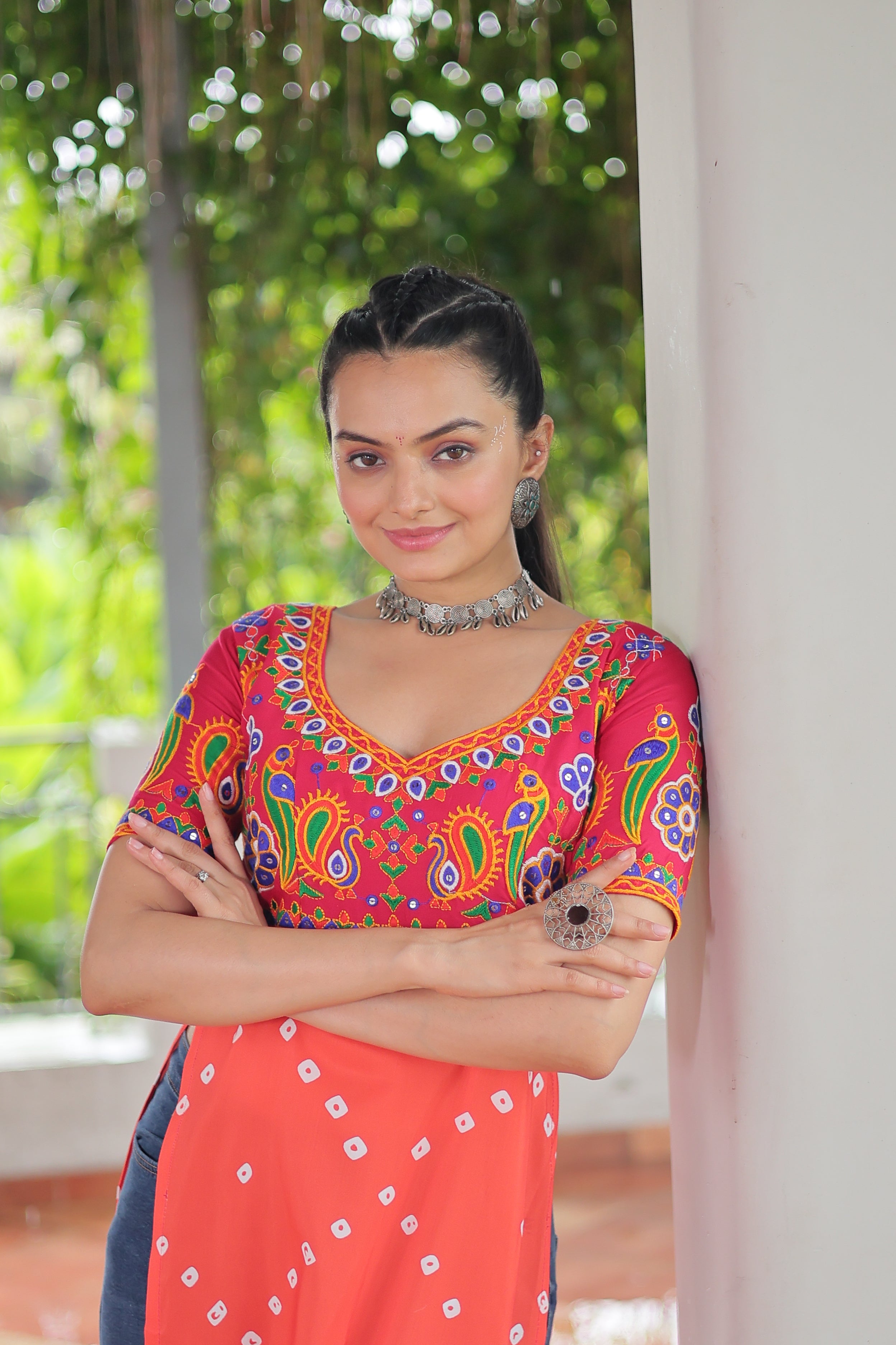 Bandhani Printed Kutchi Embroidered Short Kurti