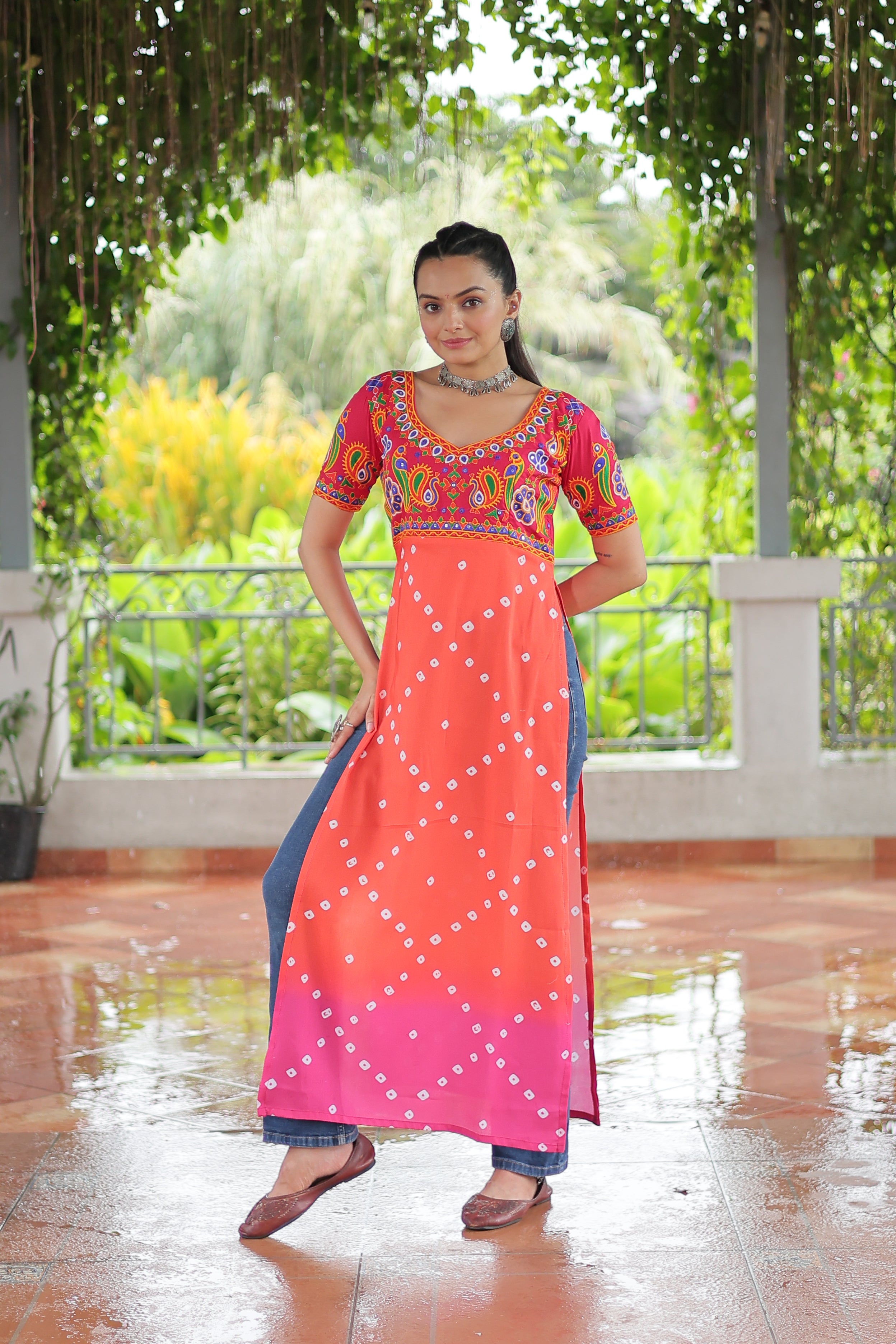 Bandhani Printed Kutchi Embroidered Short Kurti