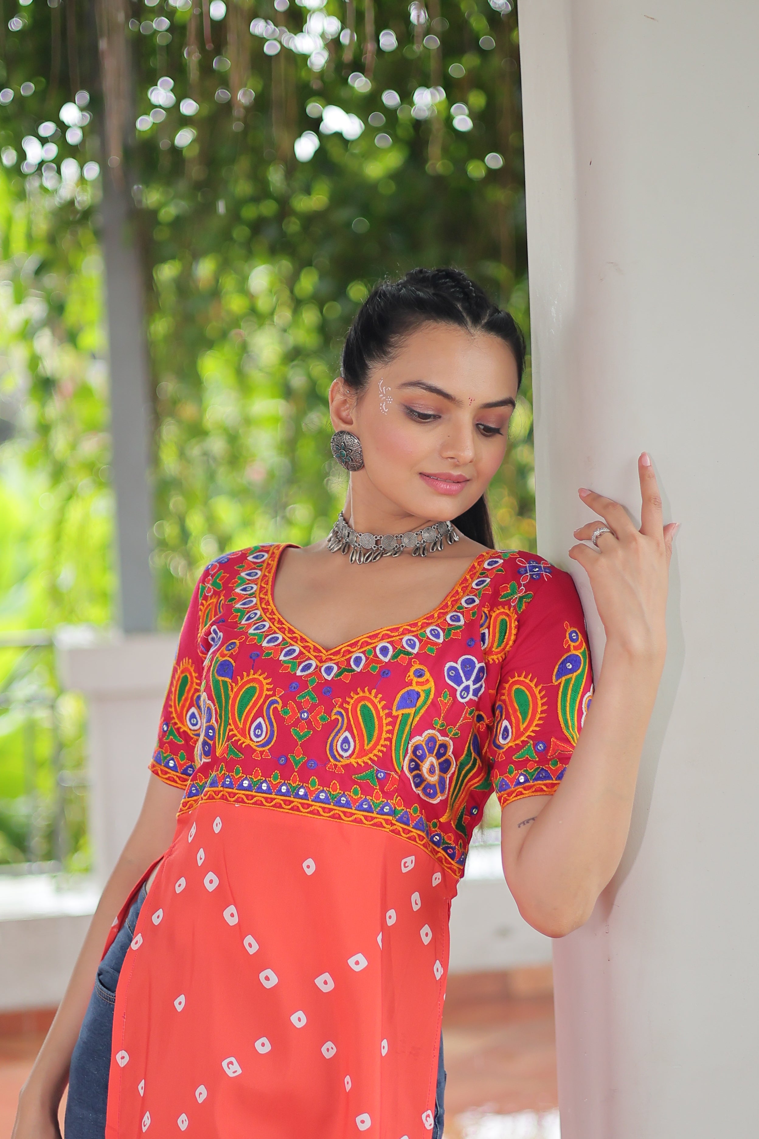 Bandhani Printed Kutchi Embroidered Short Kurti