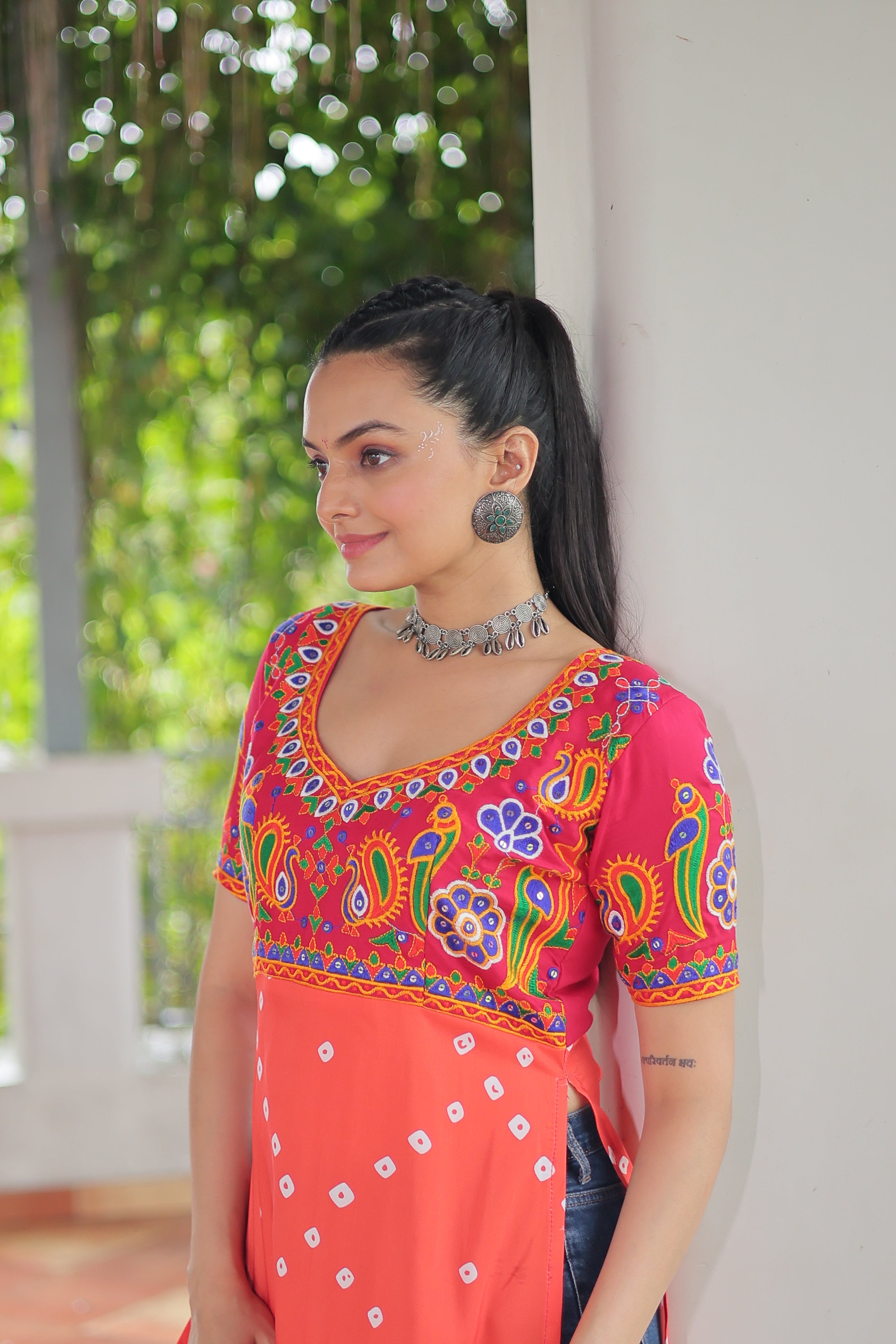 Bandhani Printed Kutchi Embroidered Short Kurti