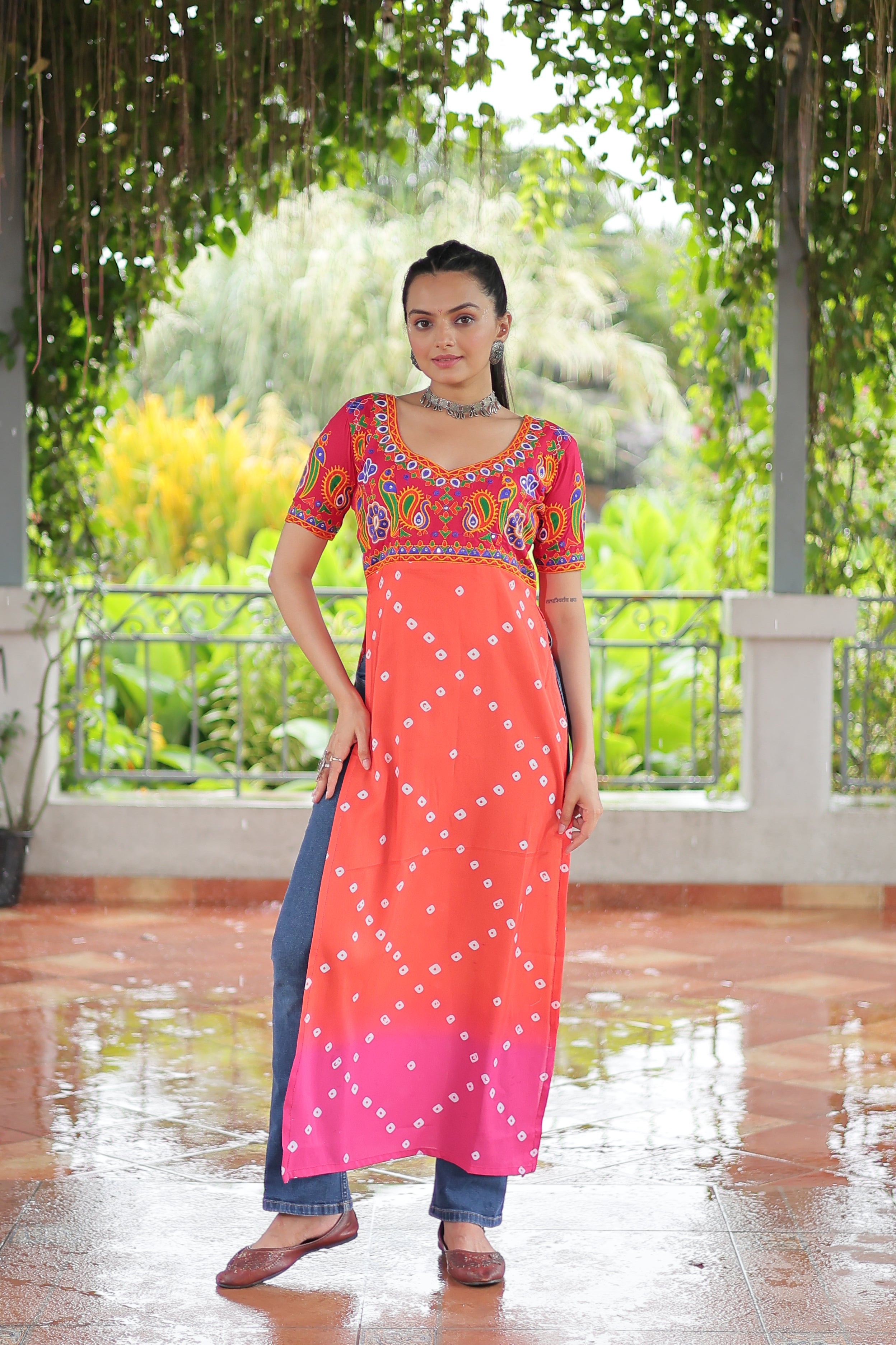 Bandhani Printed Kutchi Embroidered Short Kurti