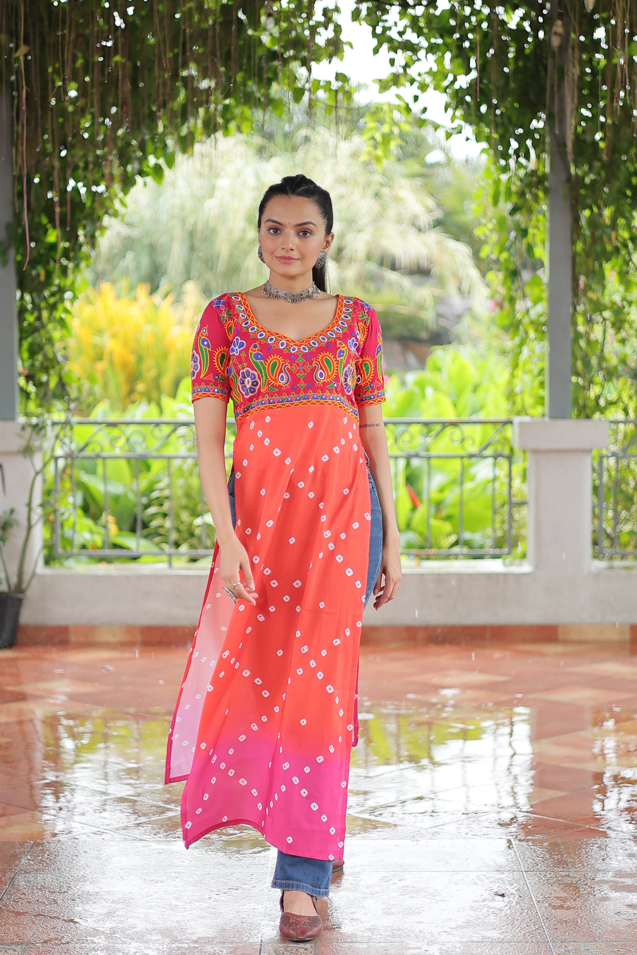 Bandhani Printed Kutchi Embroidered Short Kurti