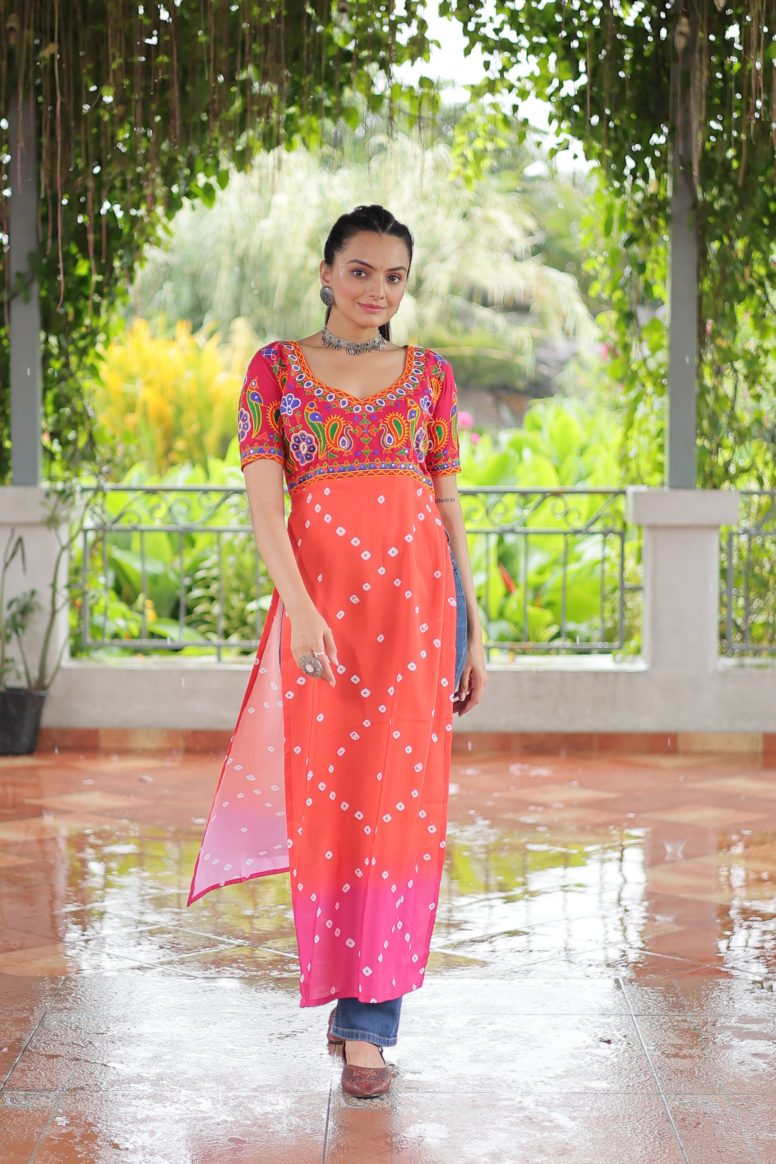 Bandhani Printed Kutchi Embroidered Short Kurti