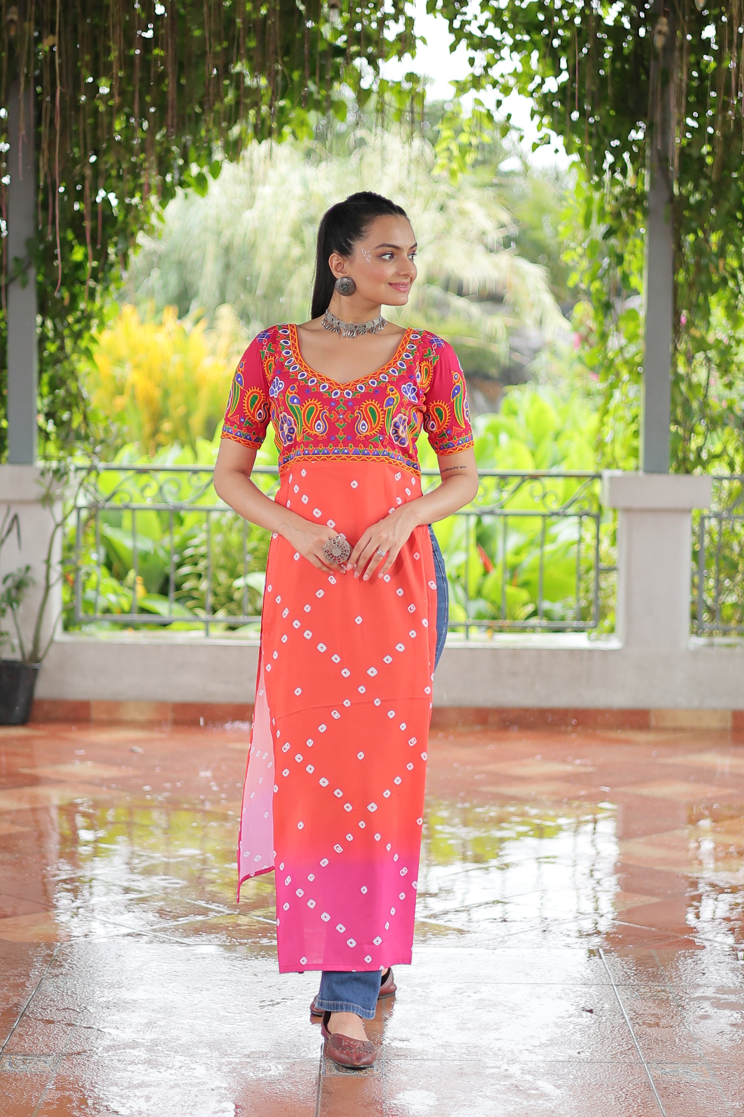Bandhani Printed Kutchi Embroidered Short Kurti