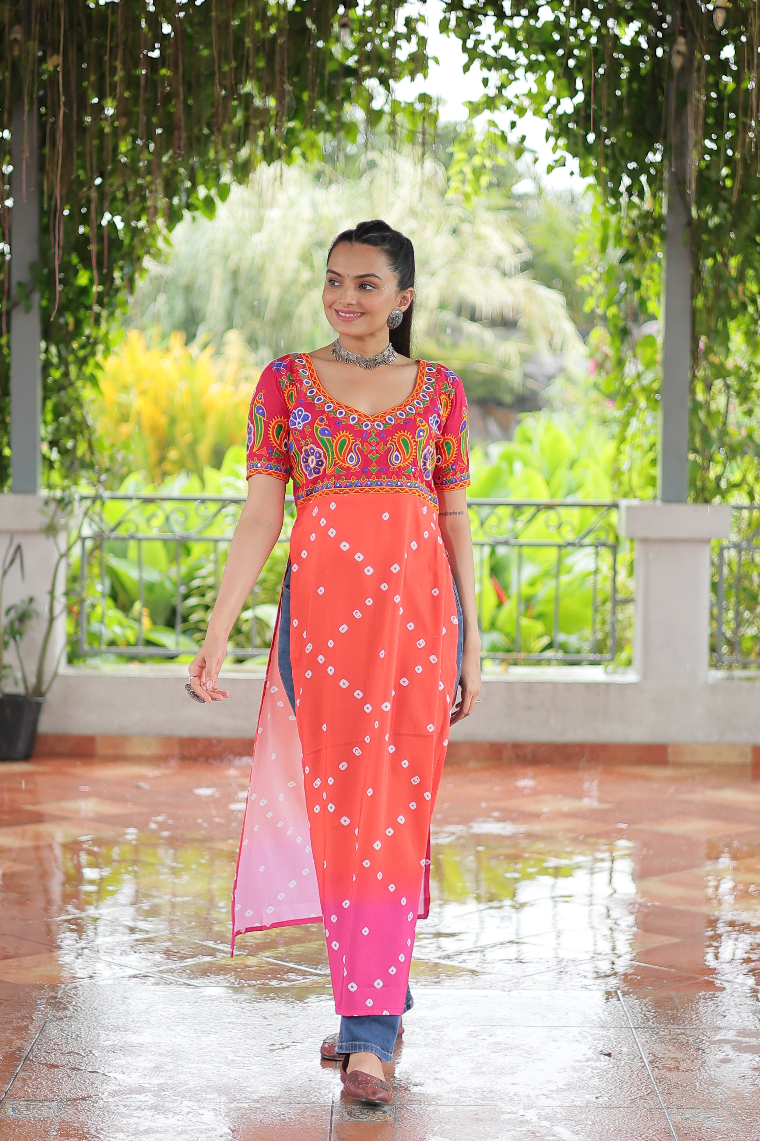 Bandhani Printed Kutchi Embroidered Short Kurti