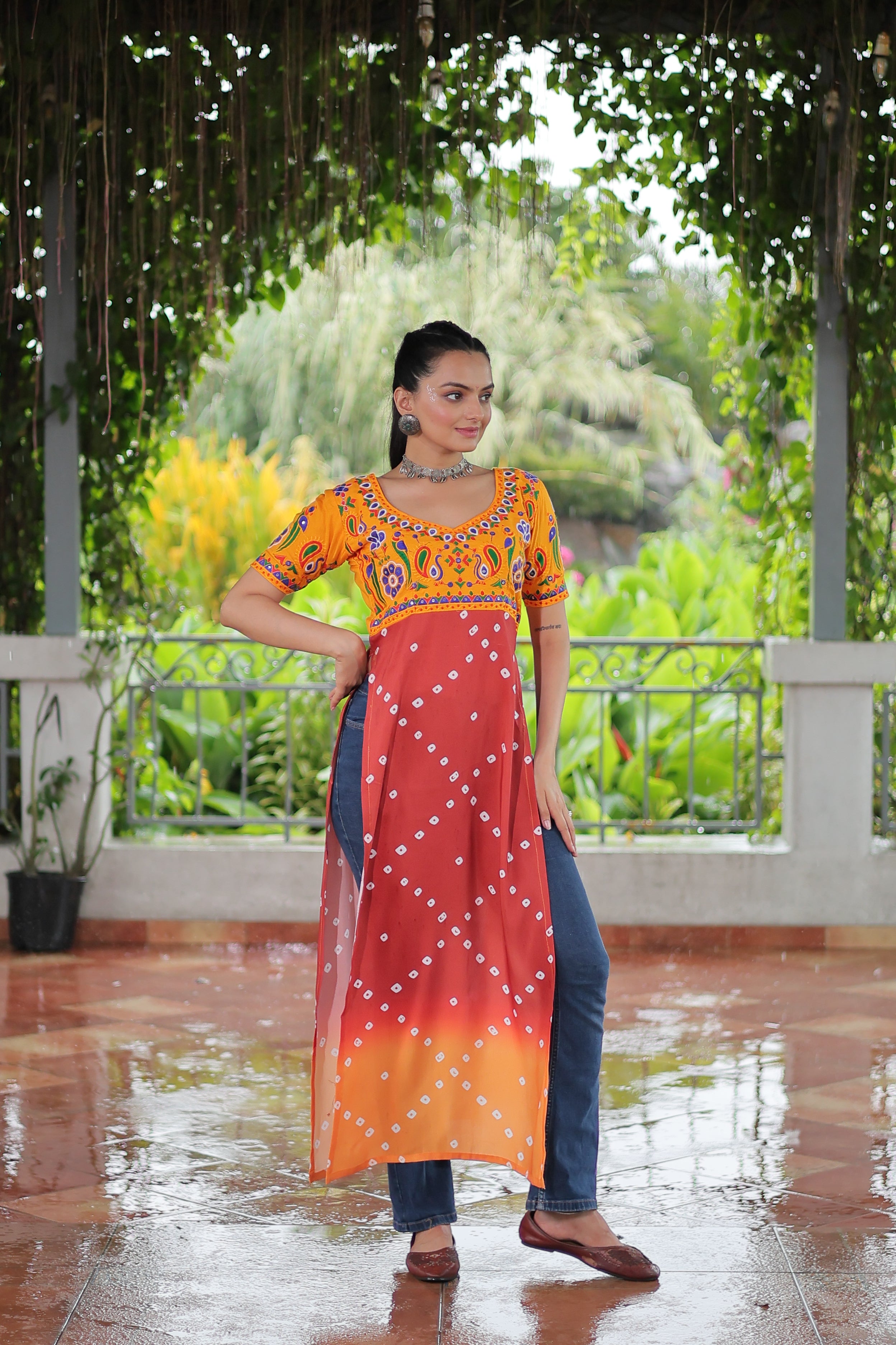 Bandhani Printed Kutchi Embroidered Short Kurti