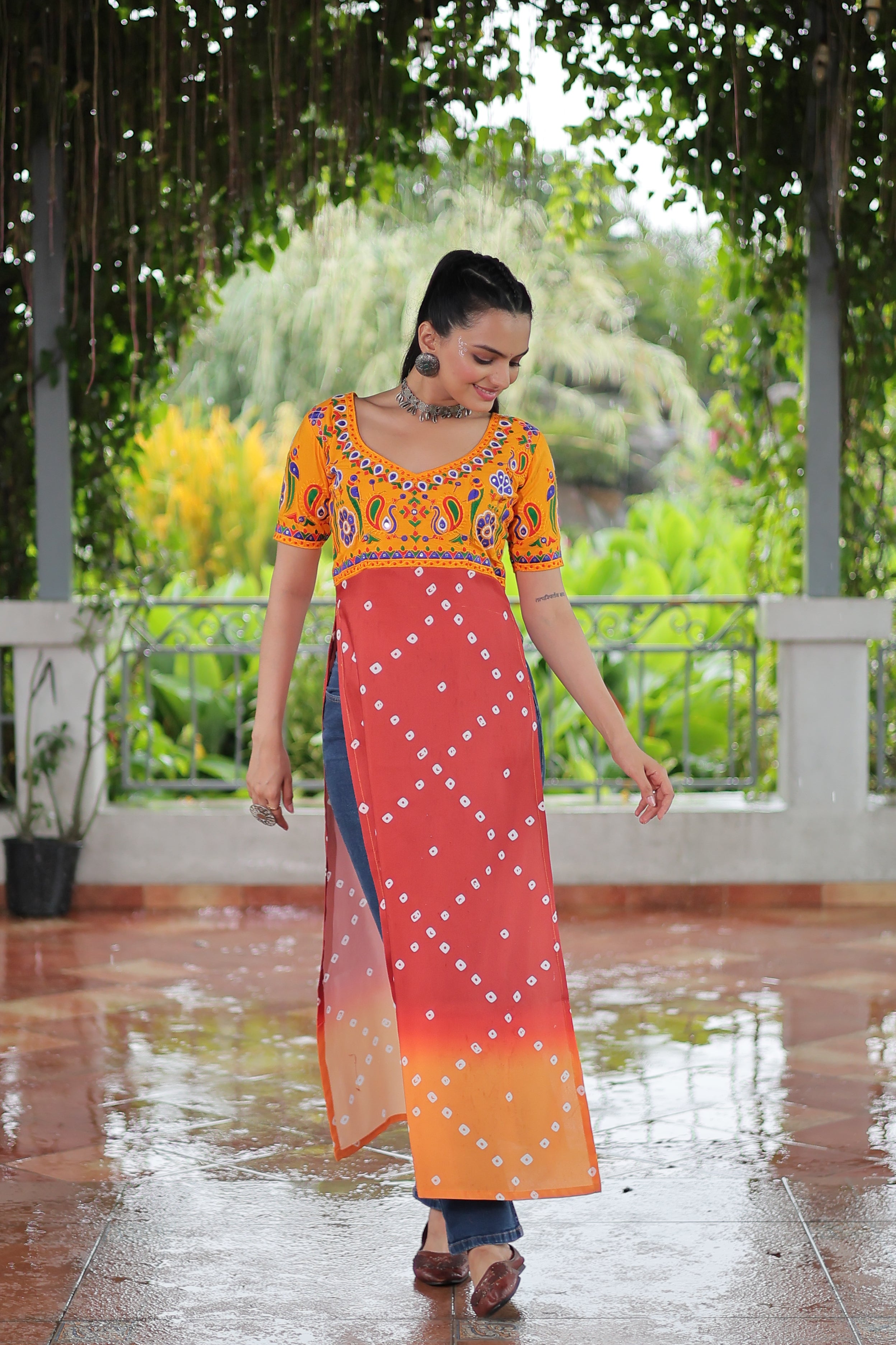 Bandhani Printed Kutchi Embroidered Short Kurti