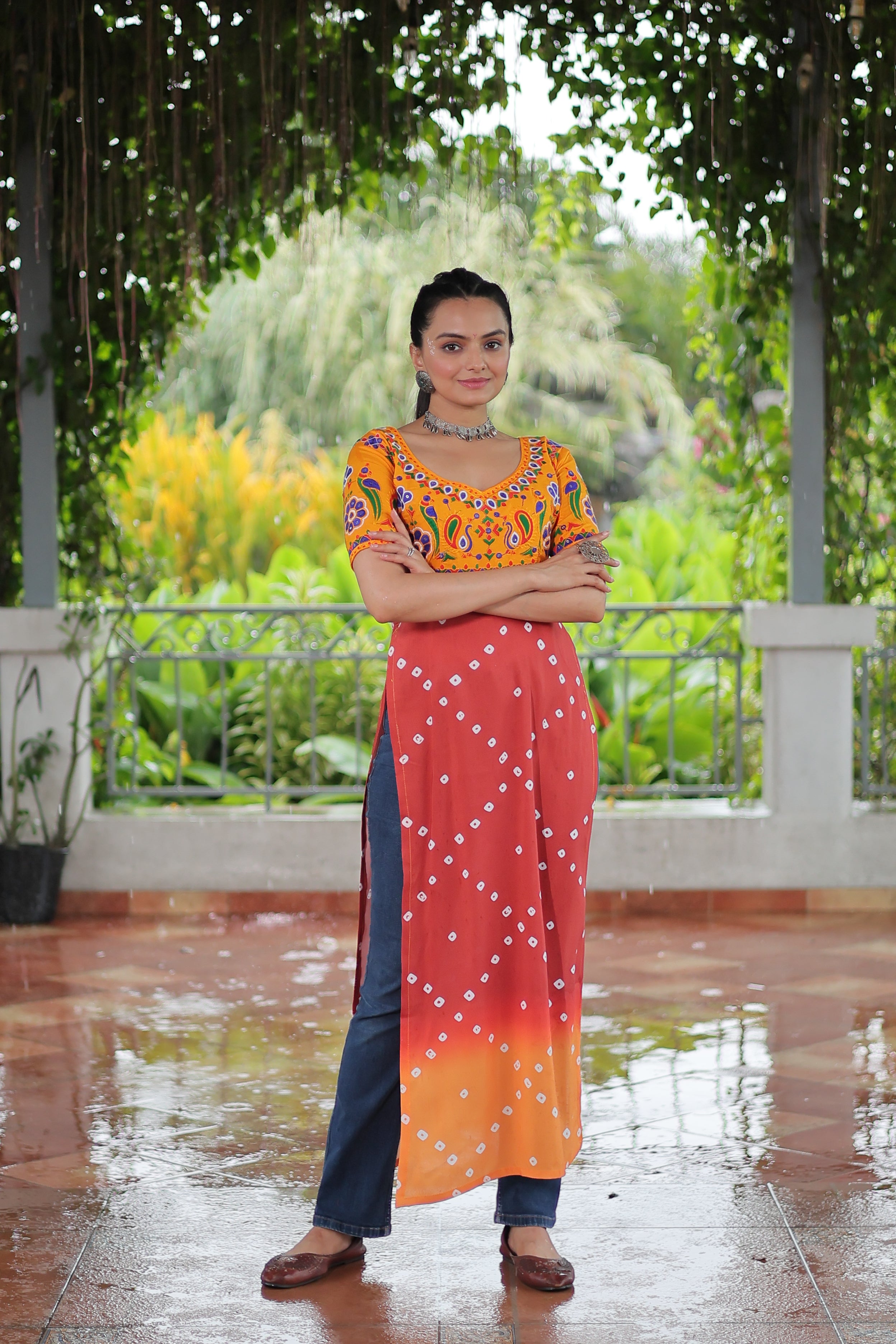 Bandhani Printed Kutchi Embroidered Short Kurti