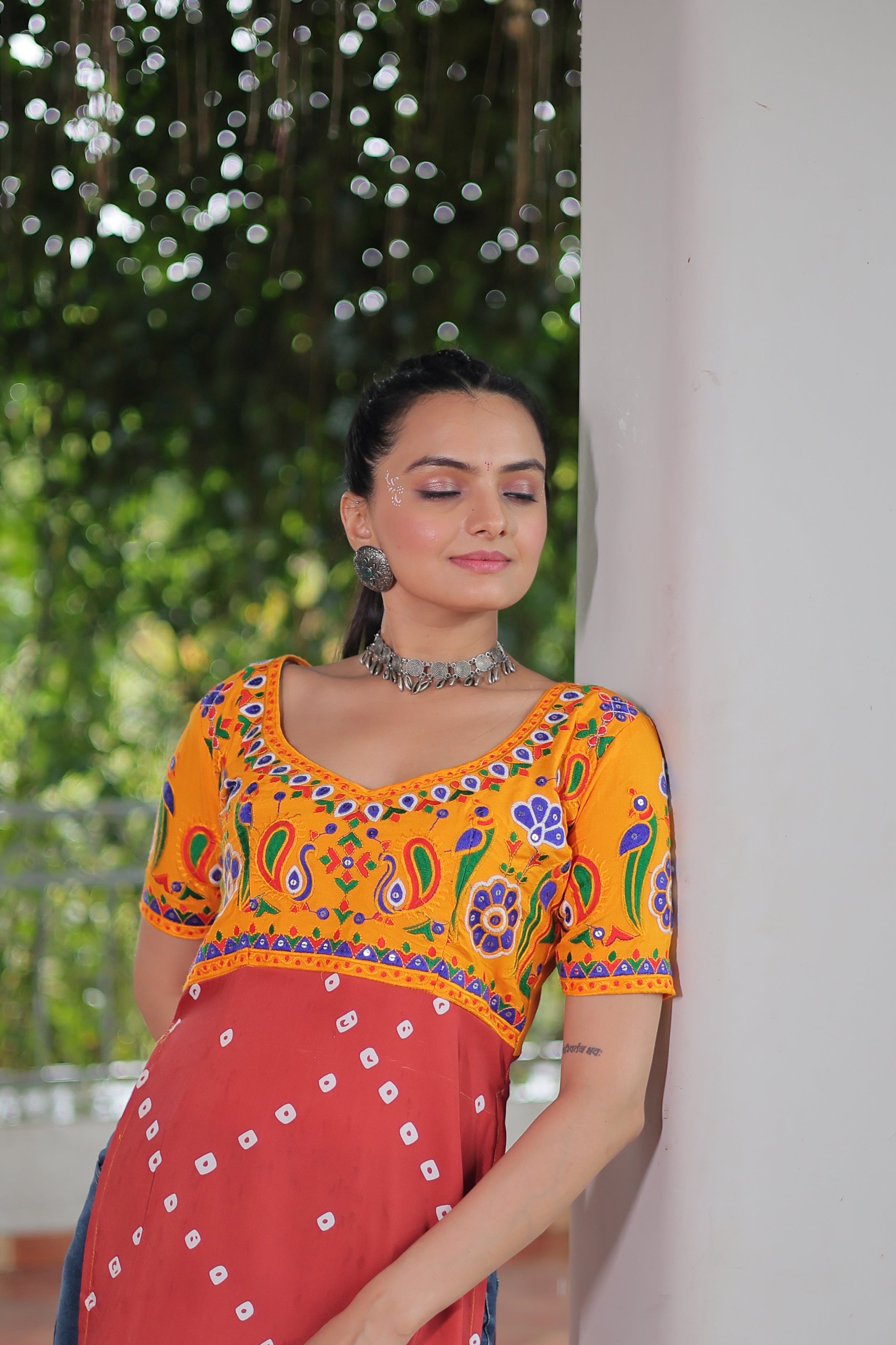 Bandhani Printed Kutchi Embroidered Short Kurti