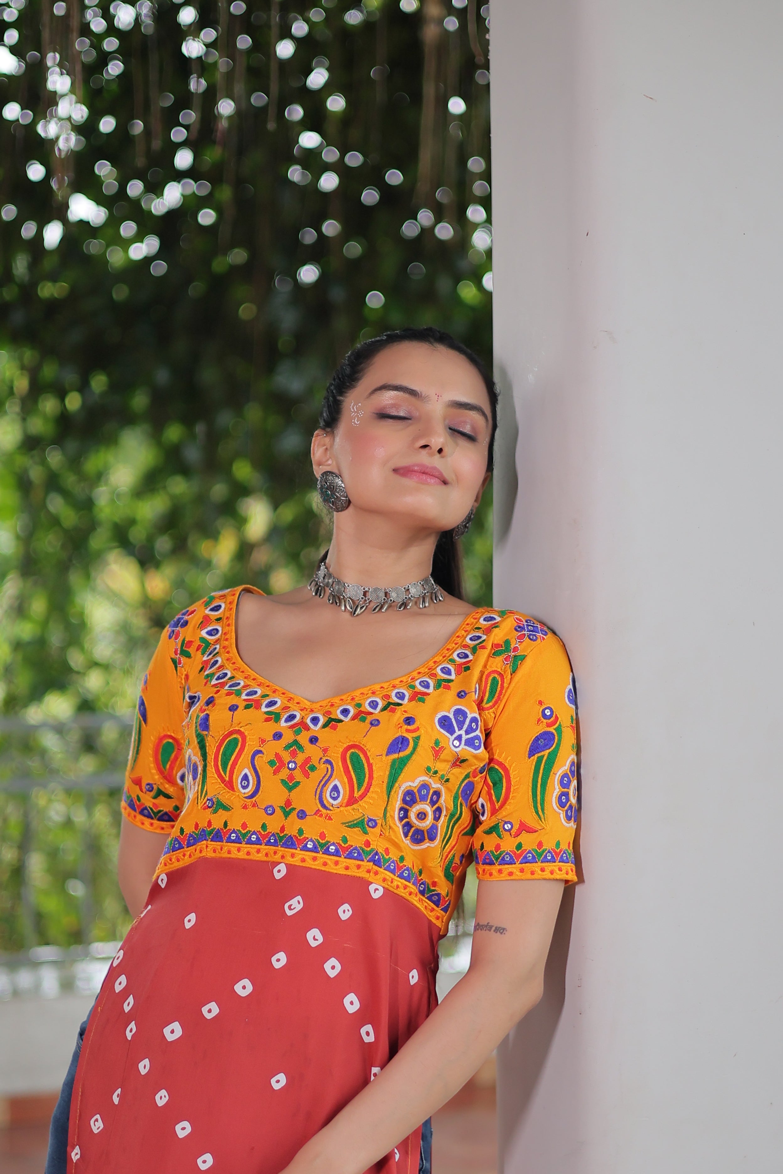 Bandhani Printed Kutchi Embroidered Short Kurti