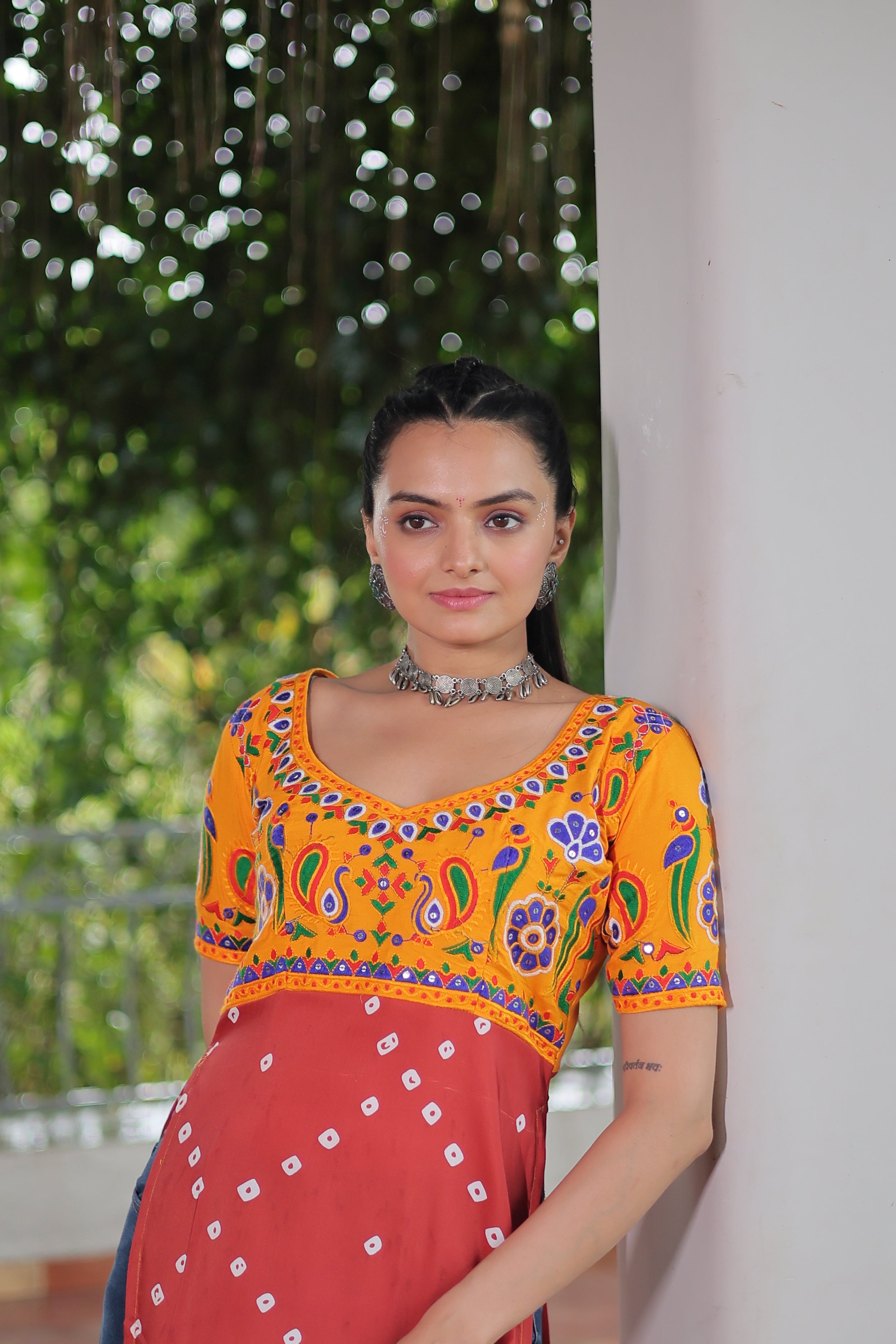 Bandhani Printed Kutchi Embroidered Short Kurti