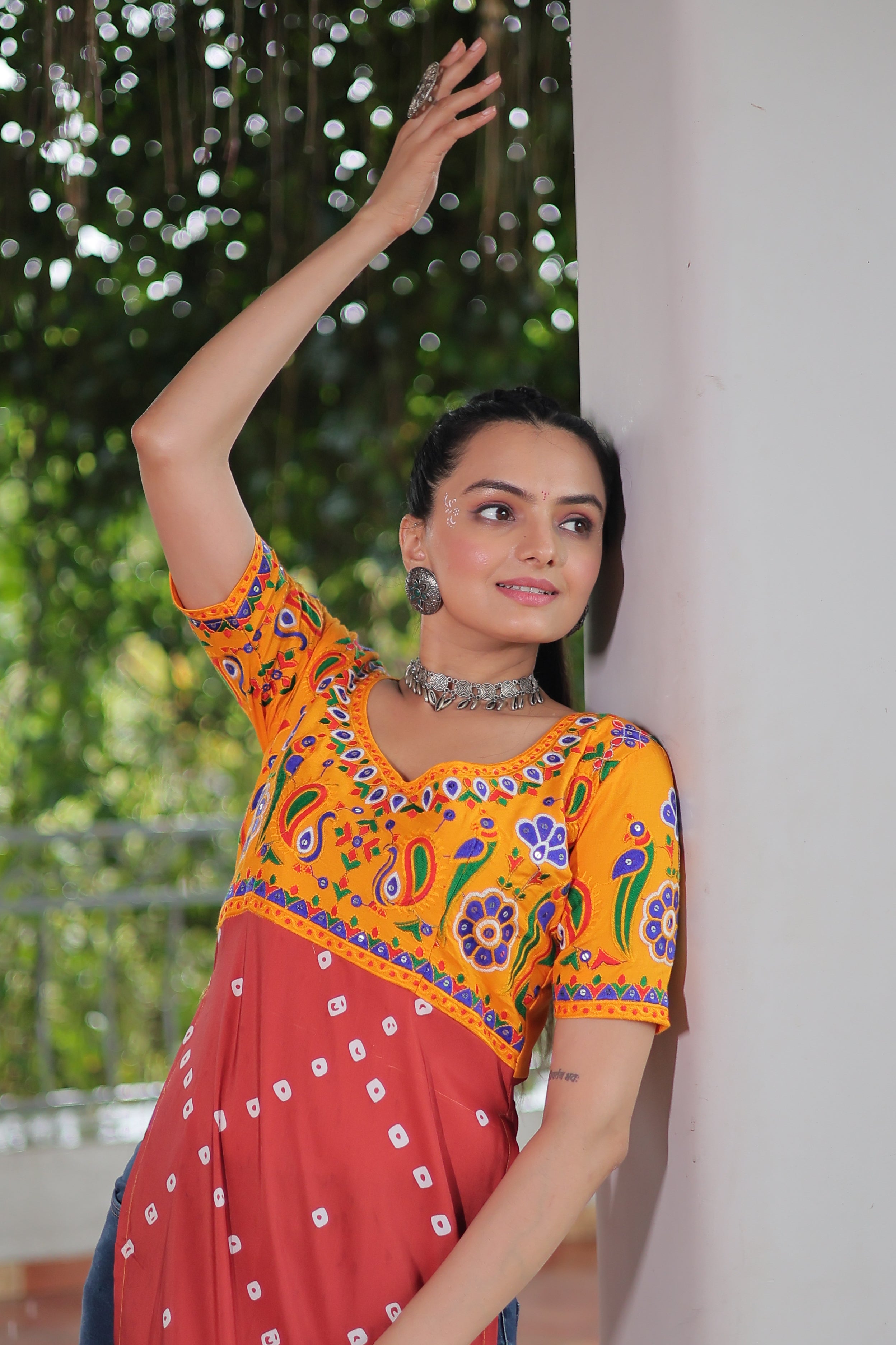 Bandhani Printed Kutchi Embroidered Short Kurti