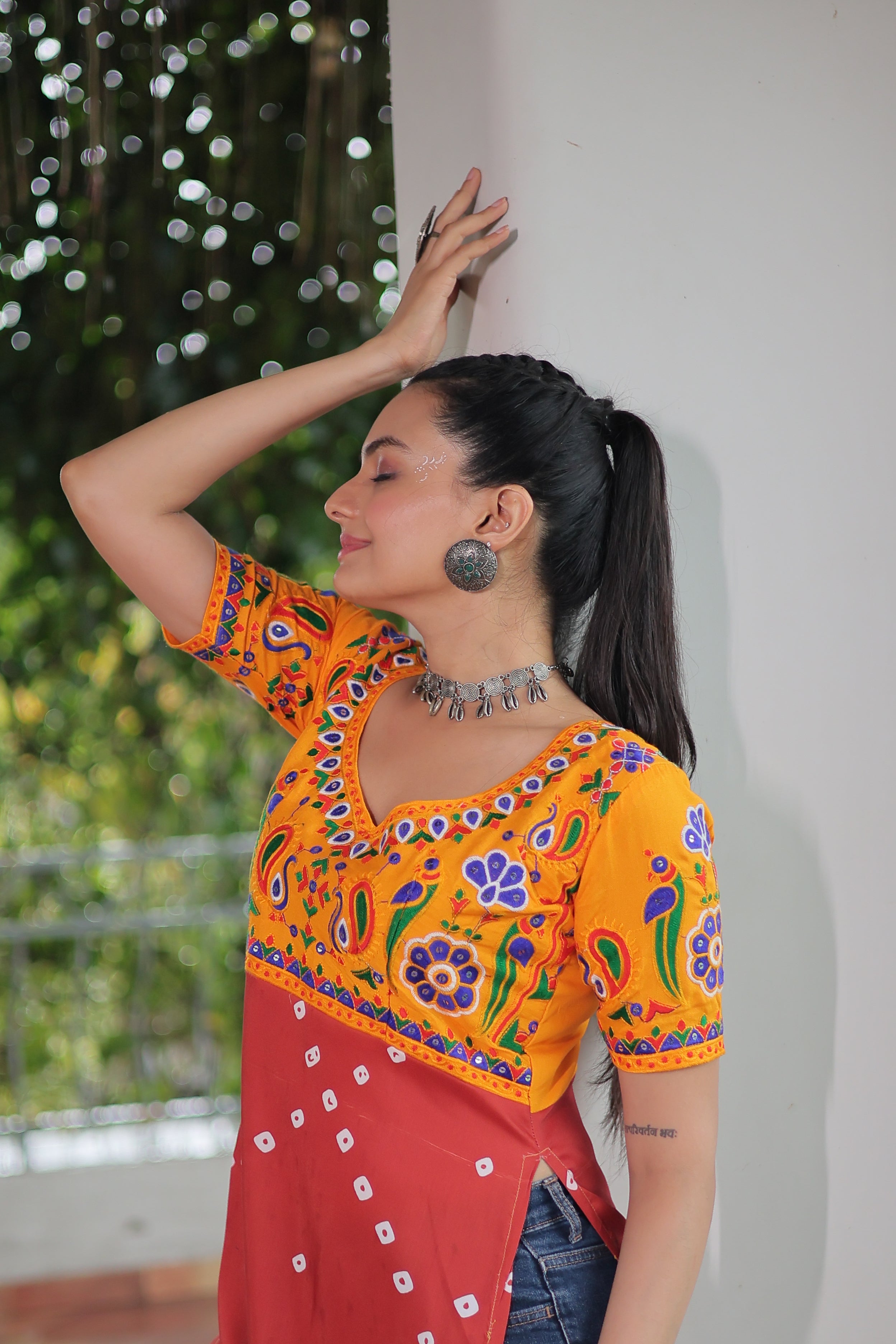 Bandhani Printed Kutchi Embroidered Short Kurti