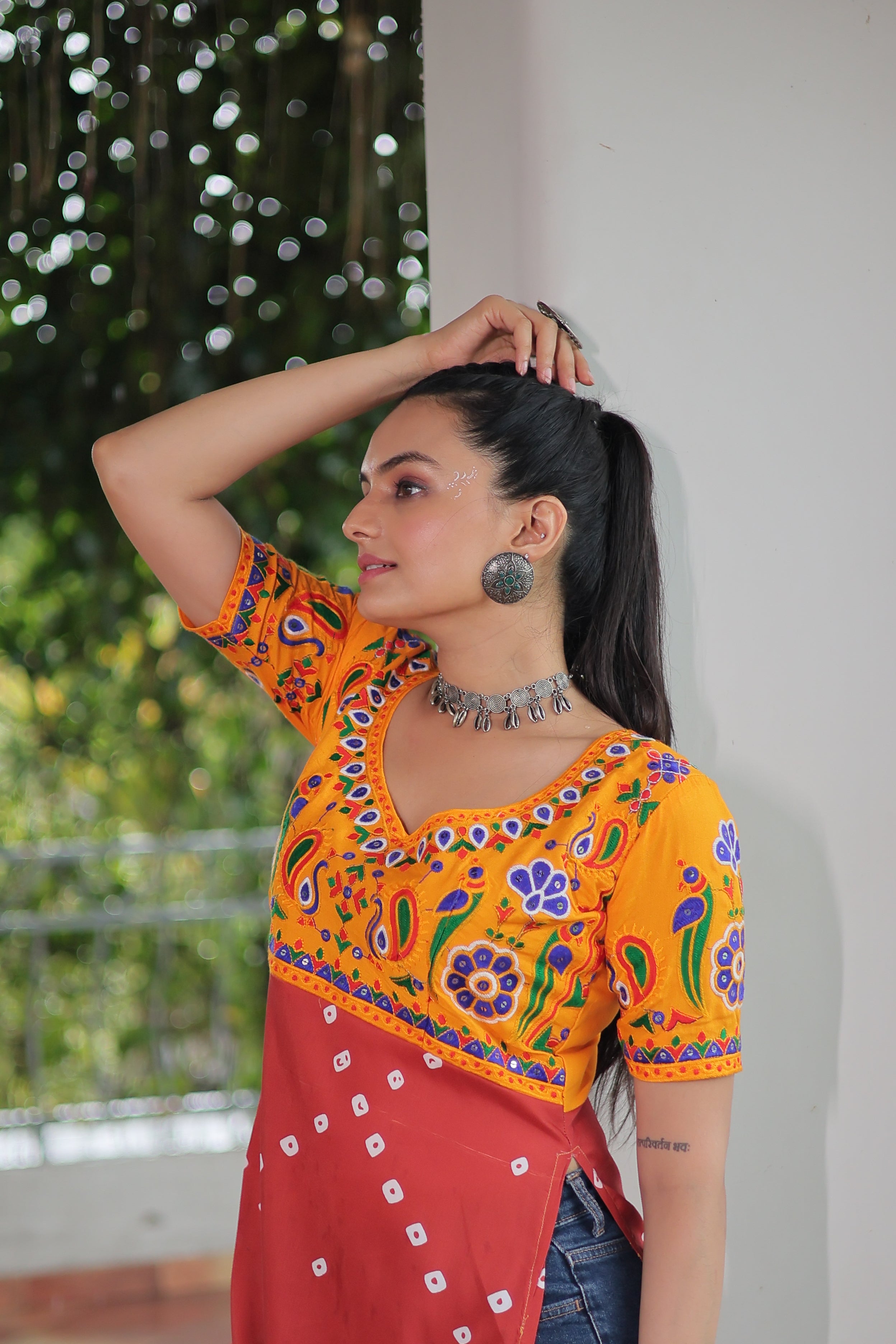 Bandhani Printed Kutchi Embroidered Short Kurti
