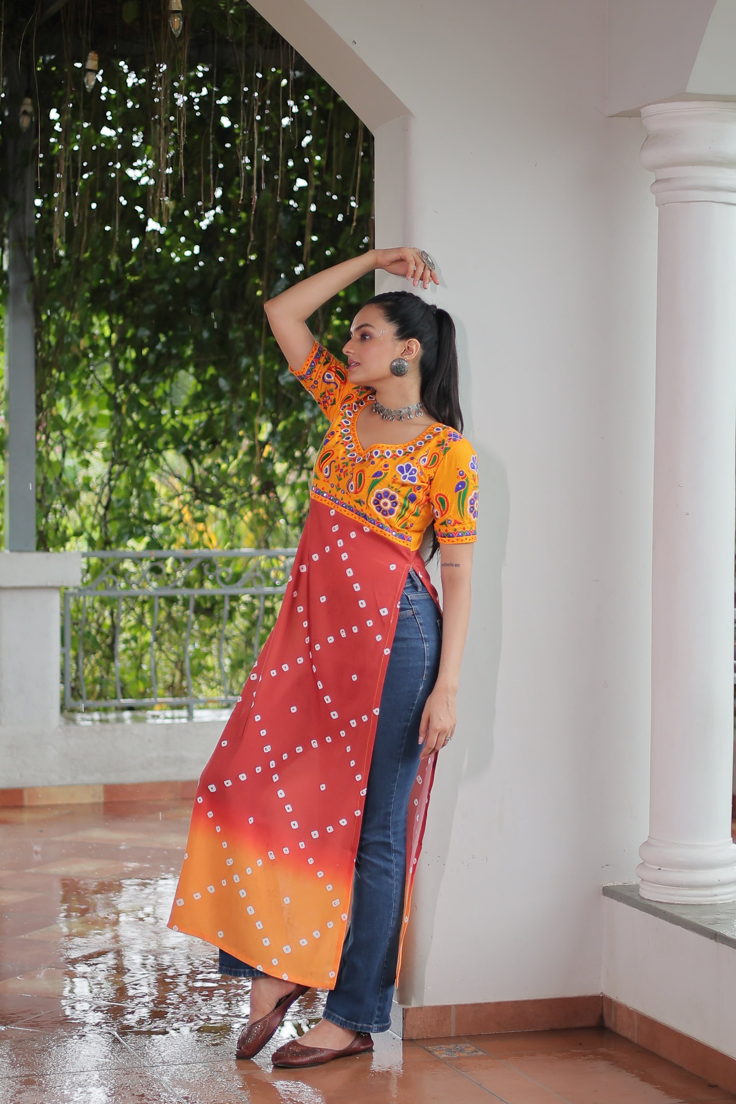 Bandhani Printed Kutchi Embroidered Short Kurti