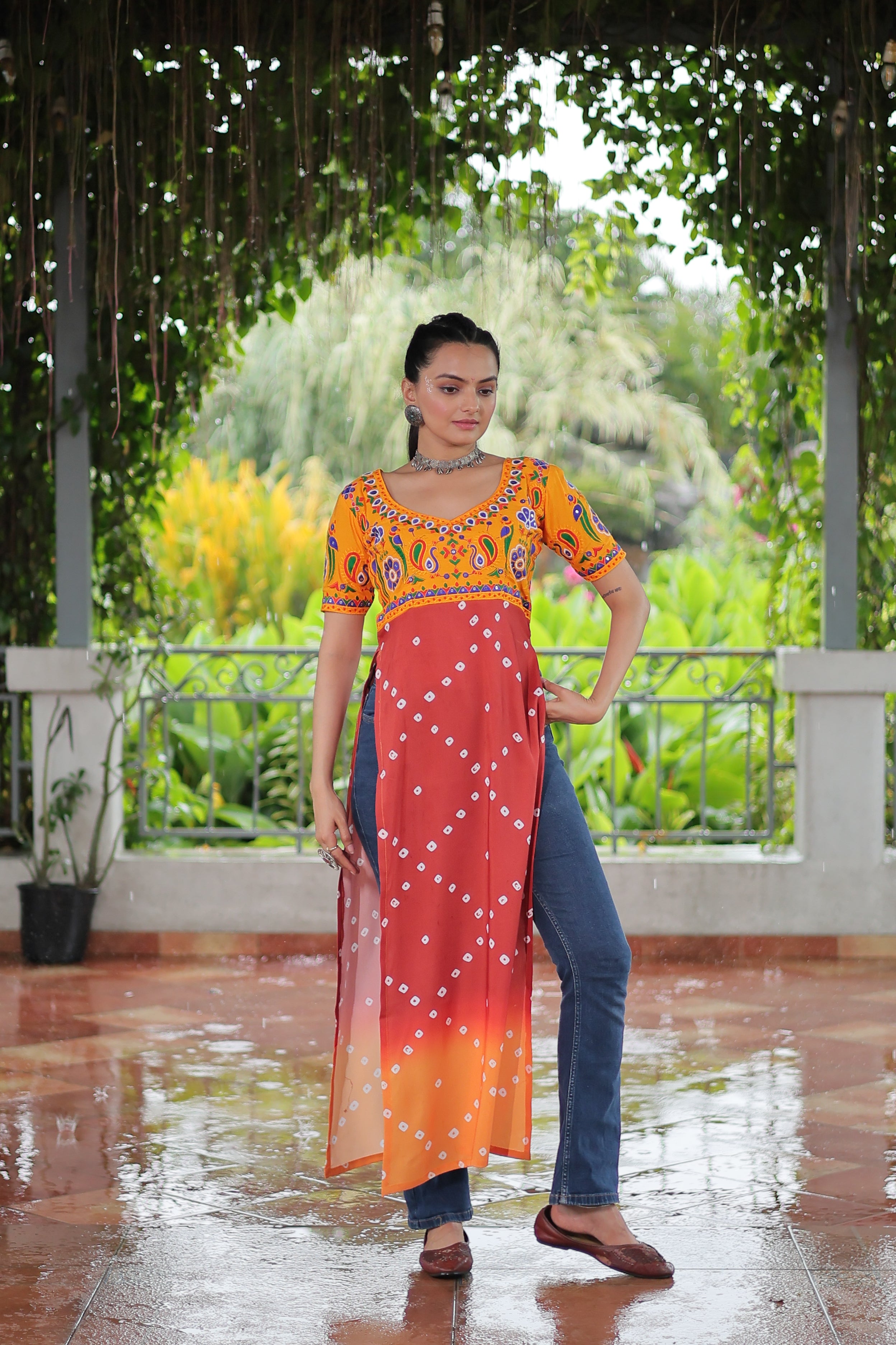 Bandhani Printed Kutchi Embroidered Short Kurti