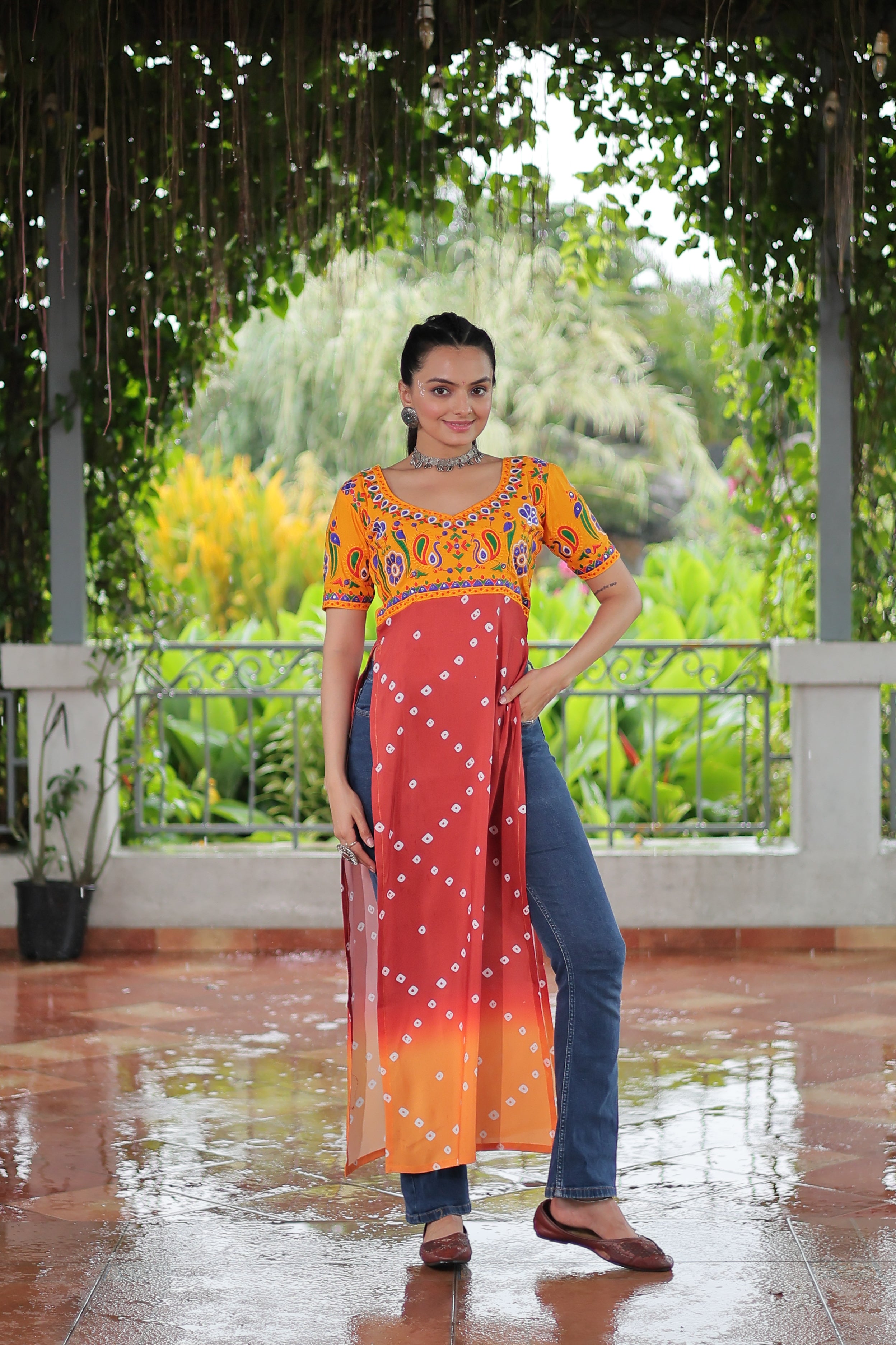 Bandhani Printed Kutchi Embroidered Short Kurti
