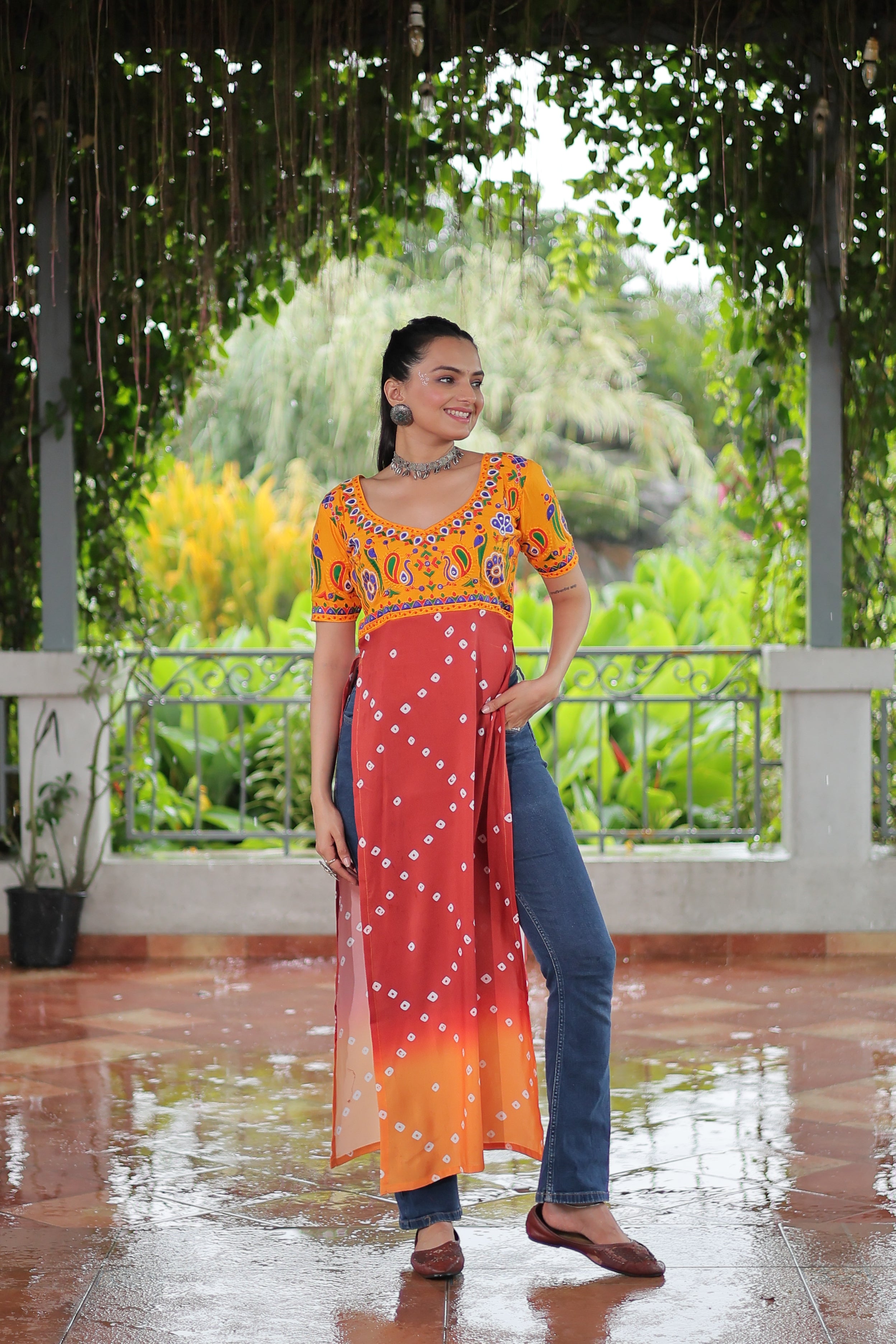 Bandhani Printed Kutchi Embroidered Short Kurti