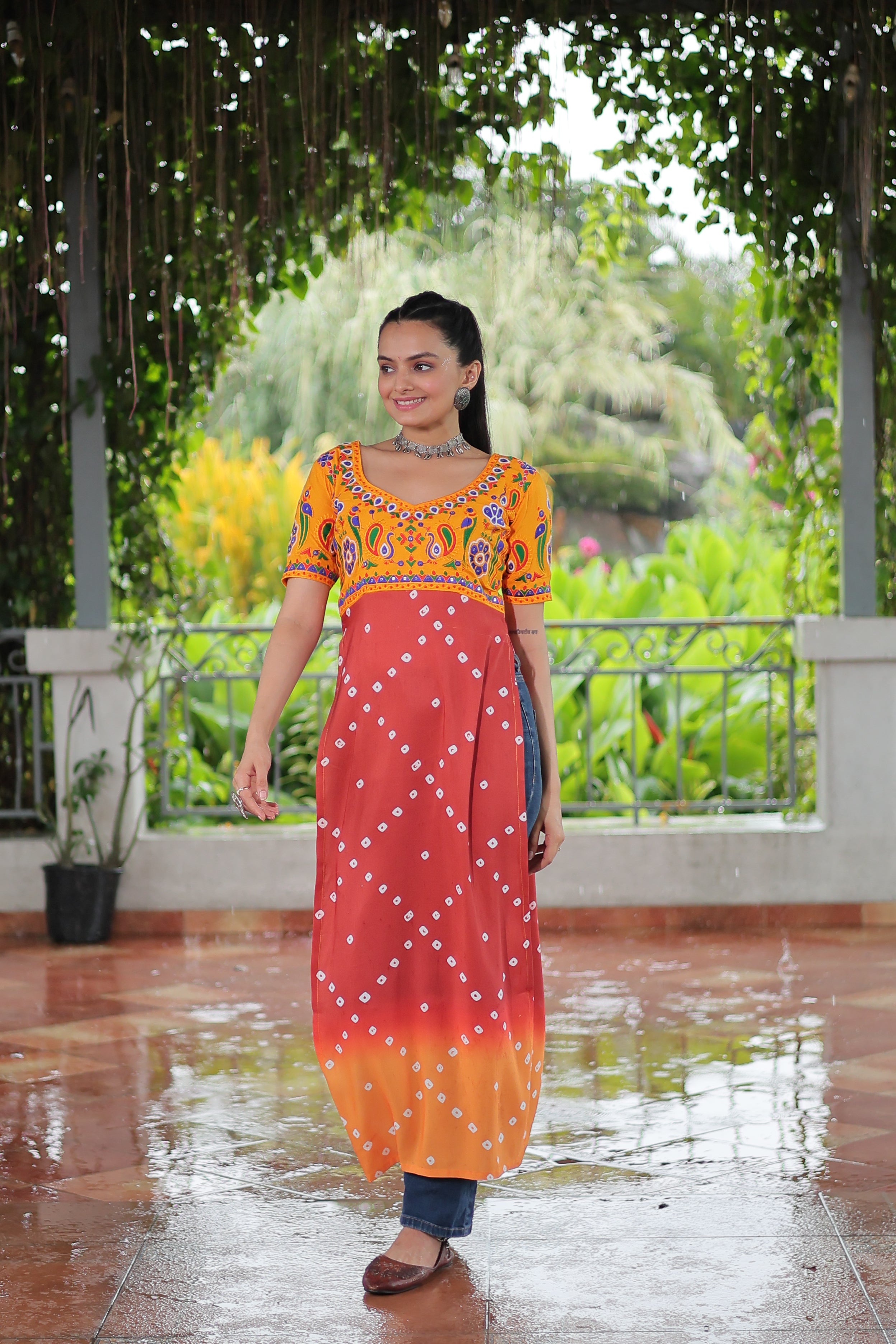 Bandhani Printed Kutchi Embroidered Short Kurti