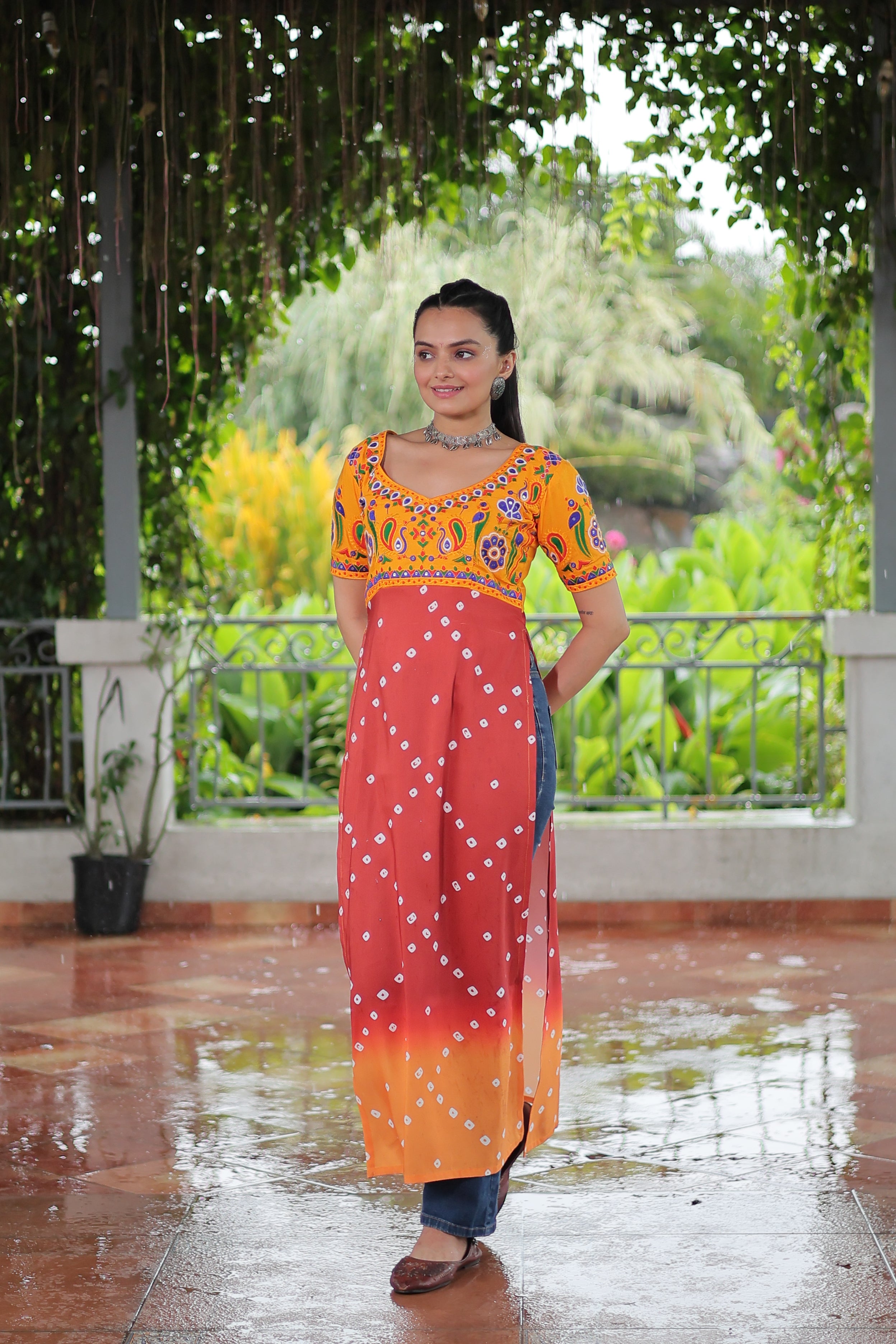 Bandhani Printed Kutchi Embroidered Short Kurti