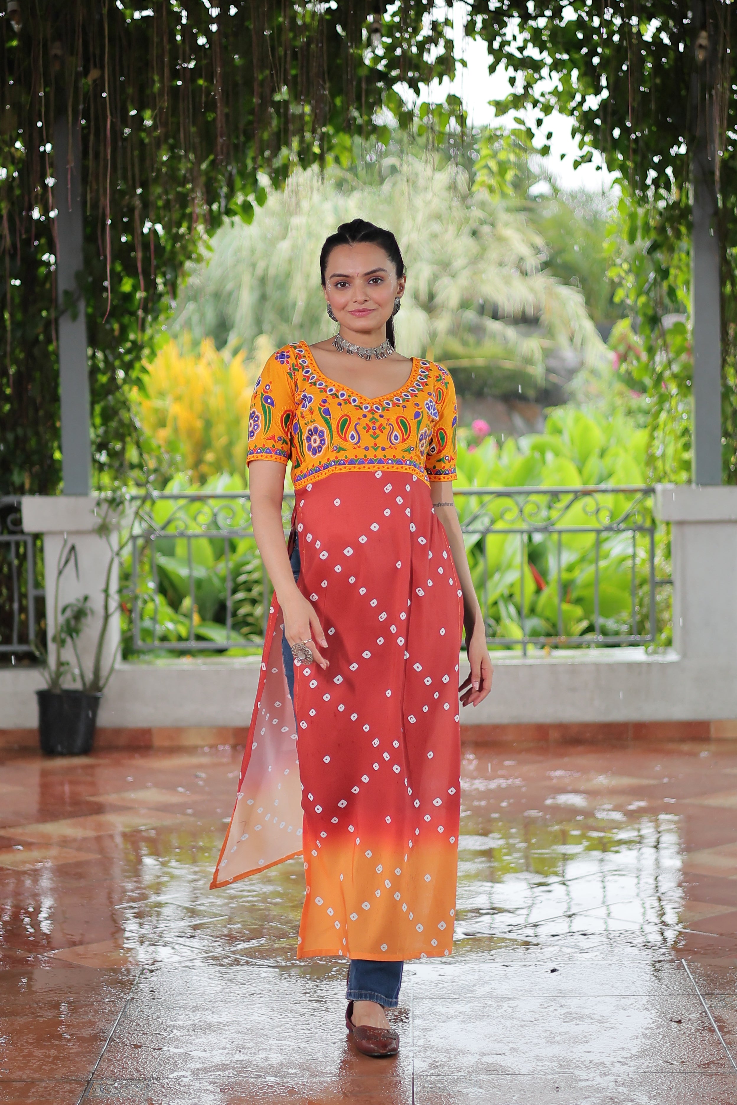 Bandhani Printed Kutchi Embroidered Short Kurti
