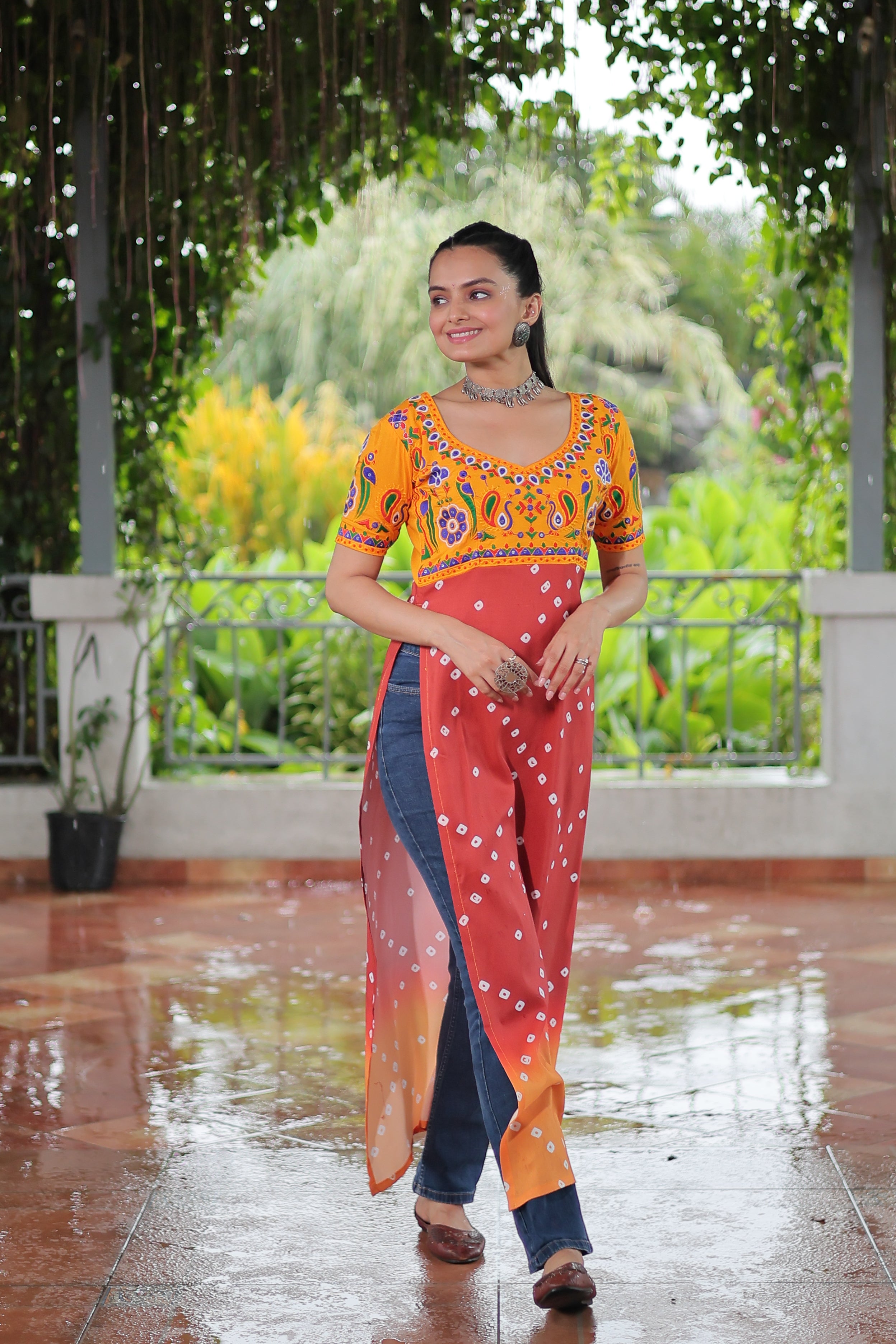 Bandhani Printed Kutchi Embroidered Short Kurti