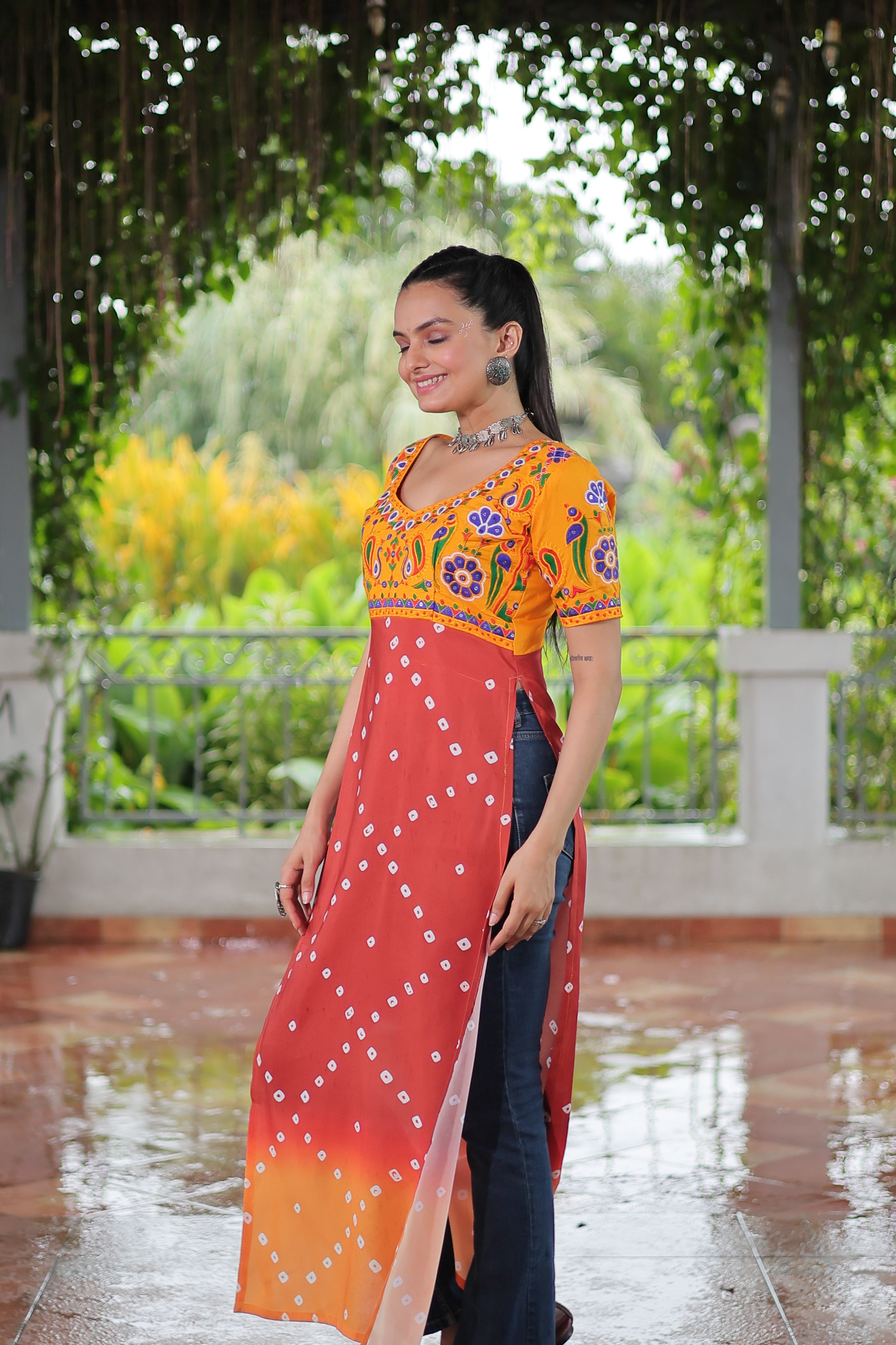 Bandhani Printed Kutchi Embroidered Short Kurti