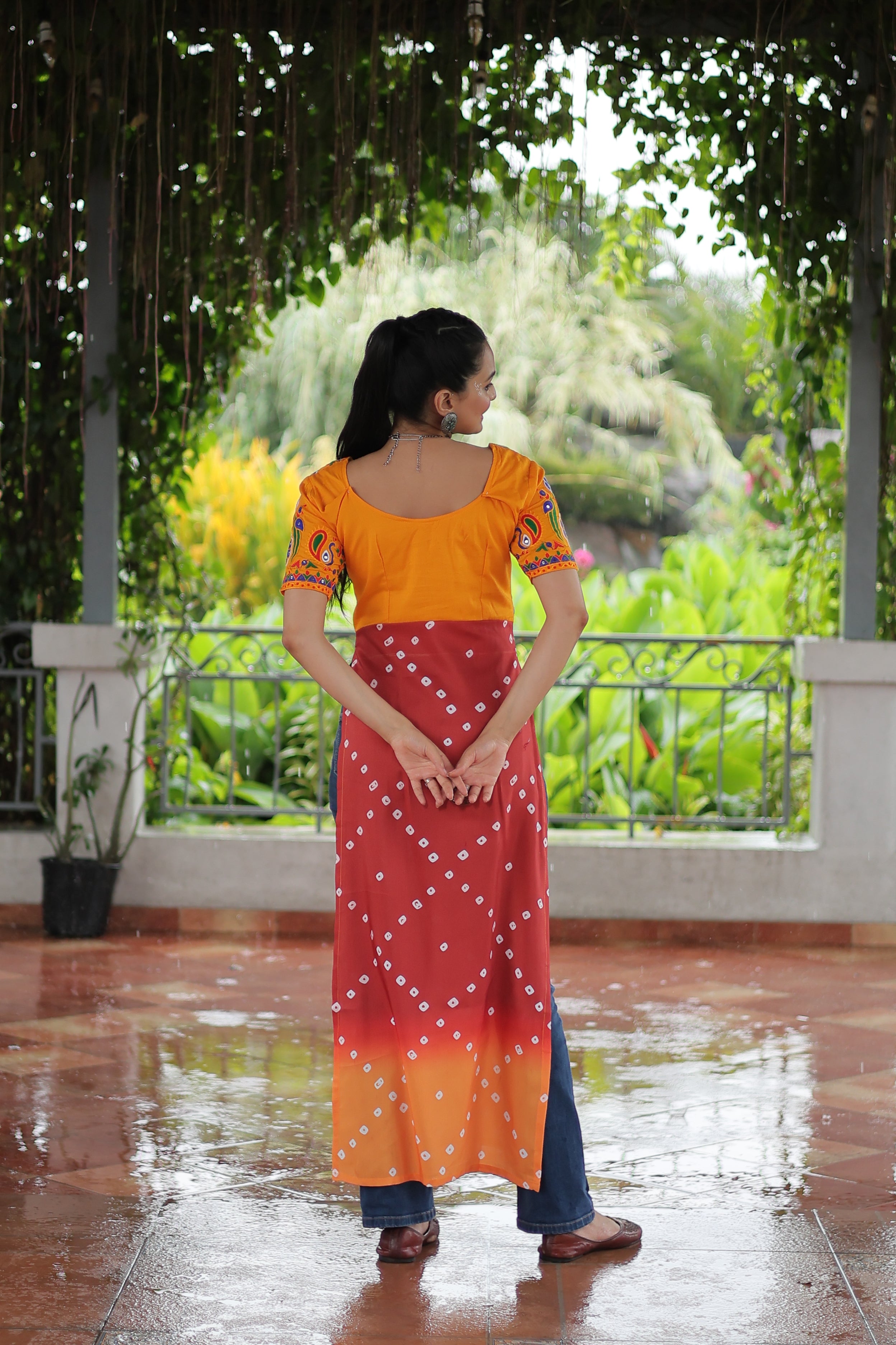 Bandhani Printed Kutchi Embroidered Short Kurti