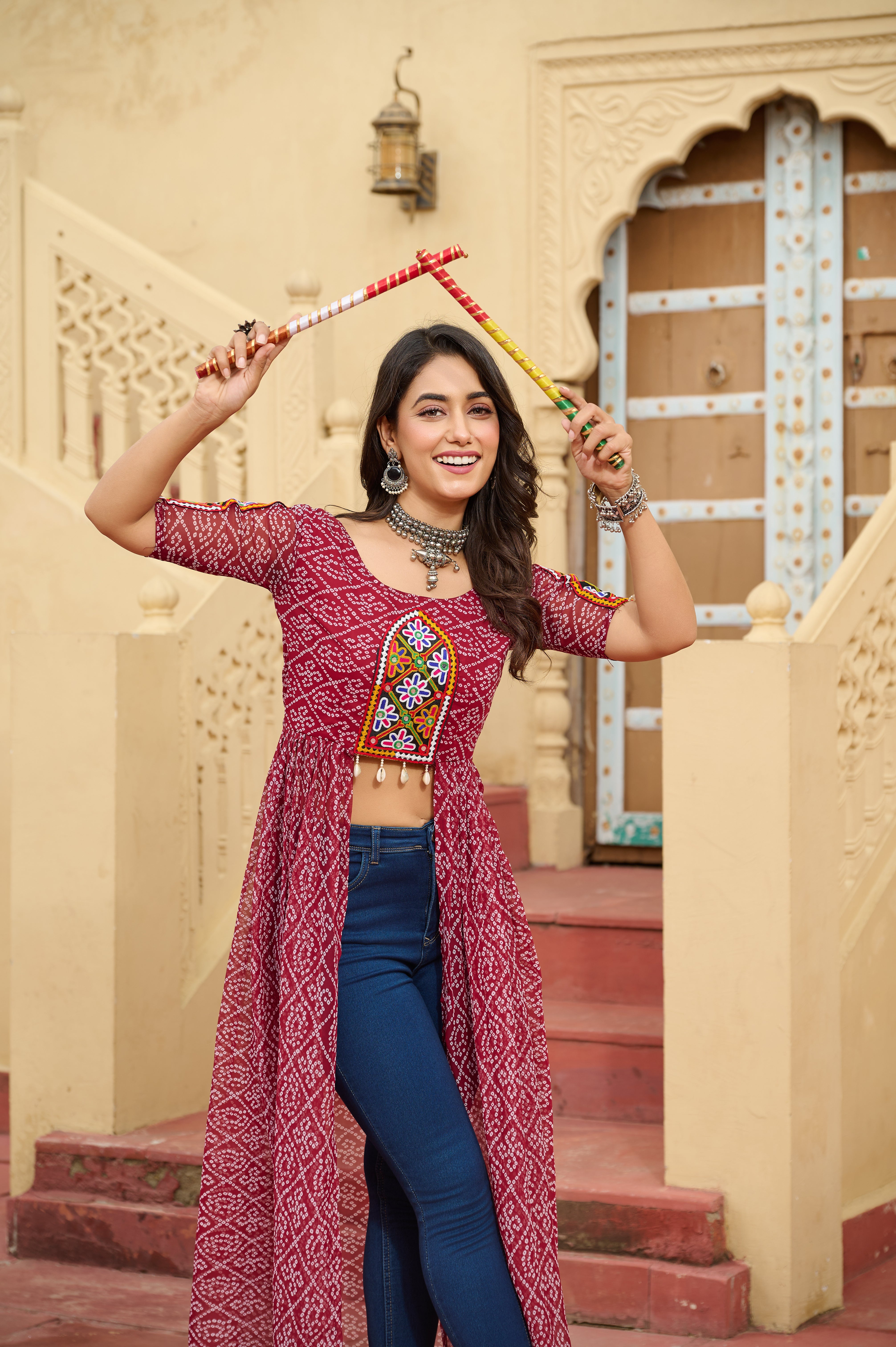 Kutchi Embroidered Short Jacket Style Printed Front-Slit Kurti