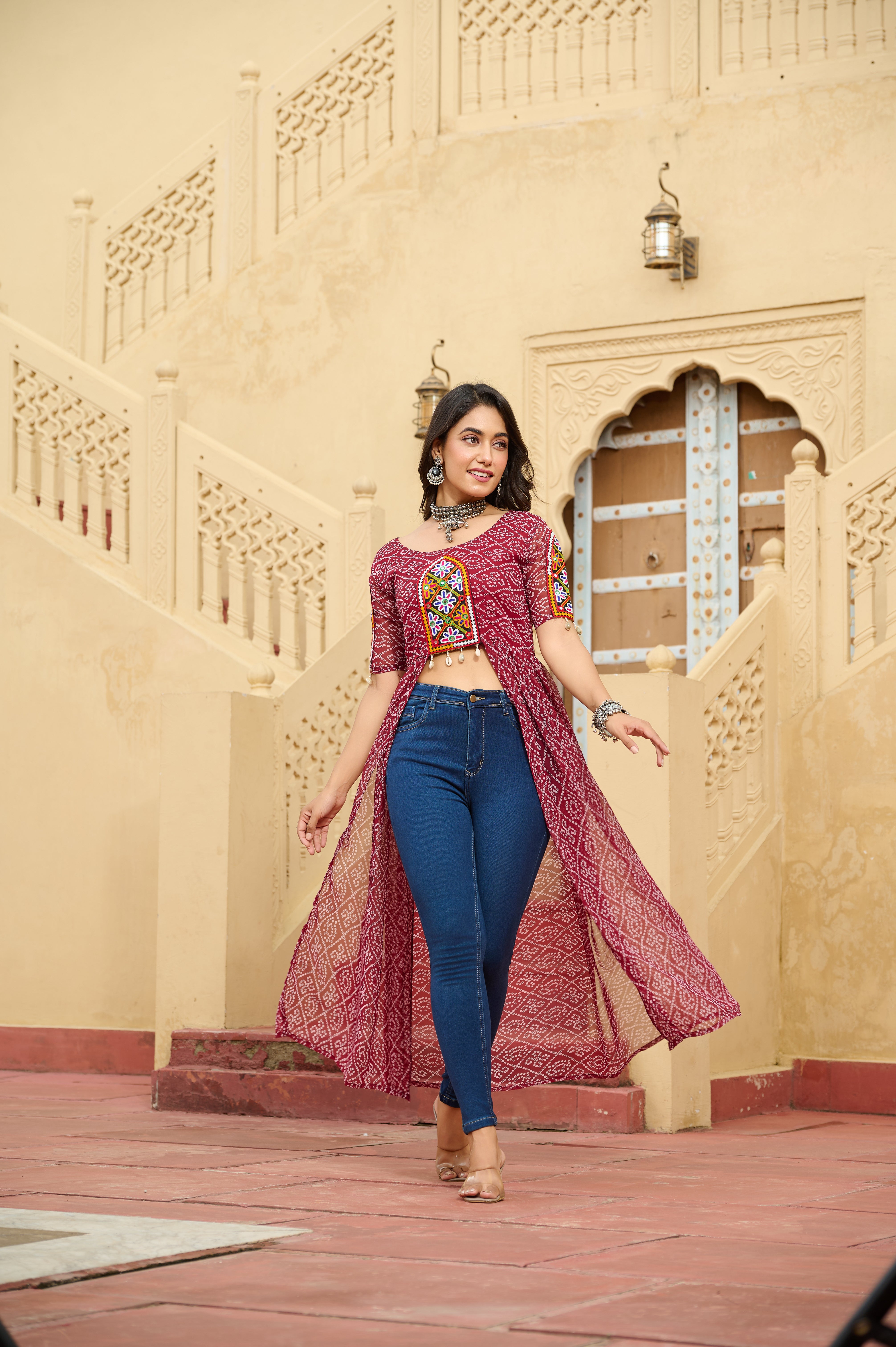 Kutchi Embroidered Short Jacket Style Printed Front-Slit Kurti