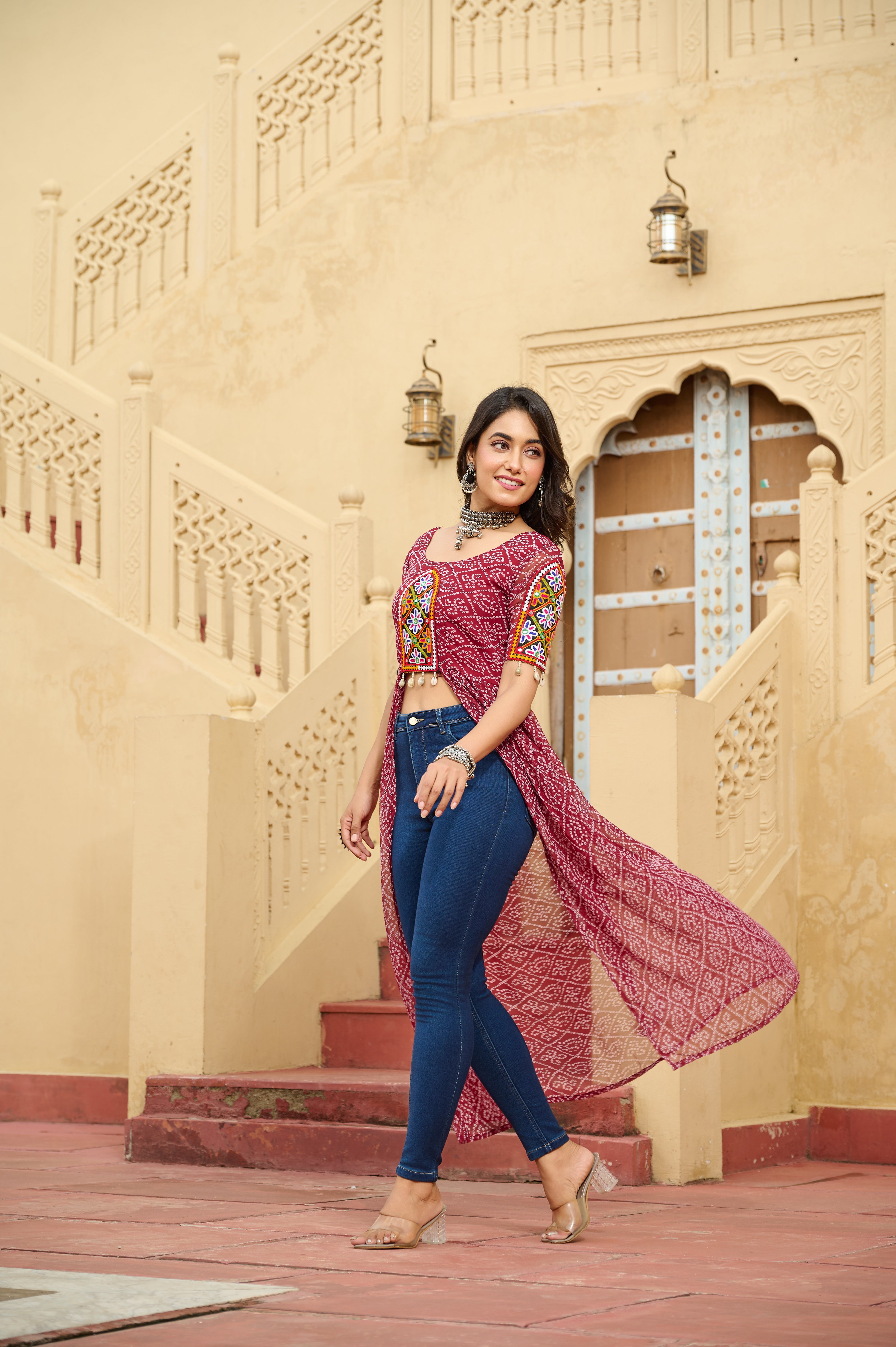 Kutchi Embroidered Short Jacket Style Printed Front-Slit Kurti