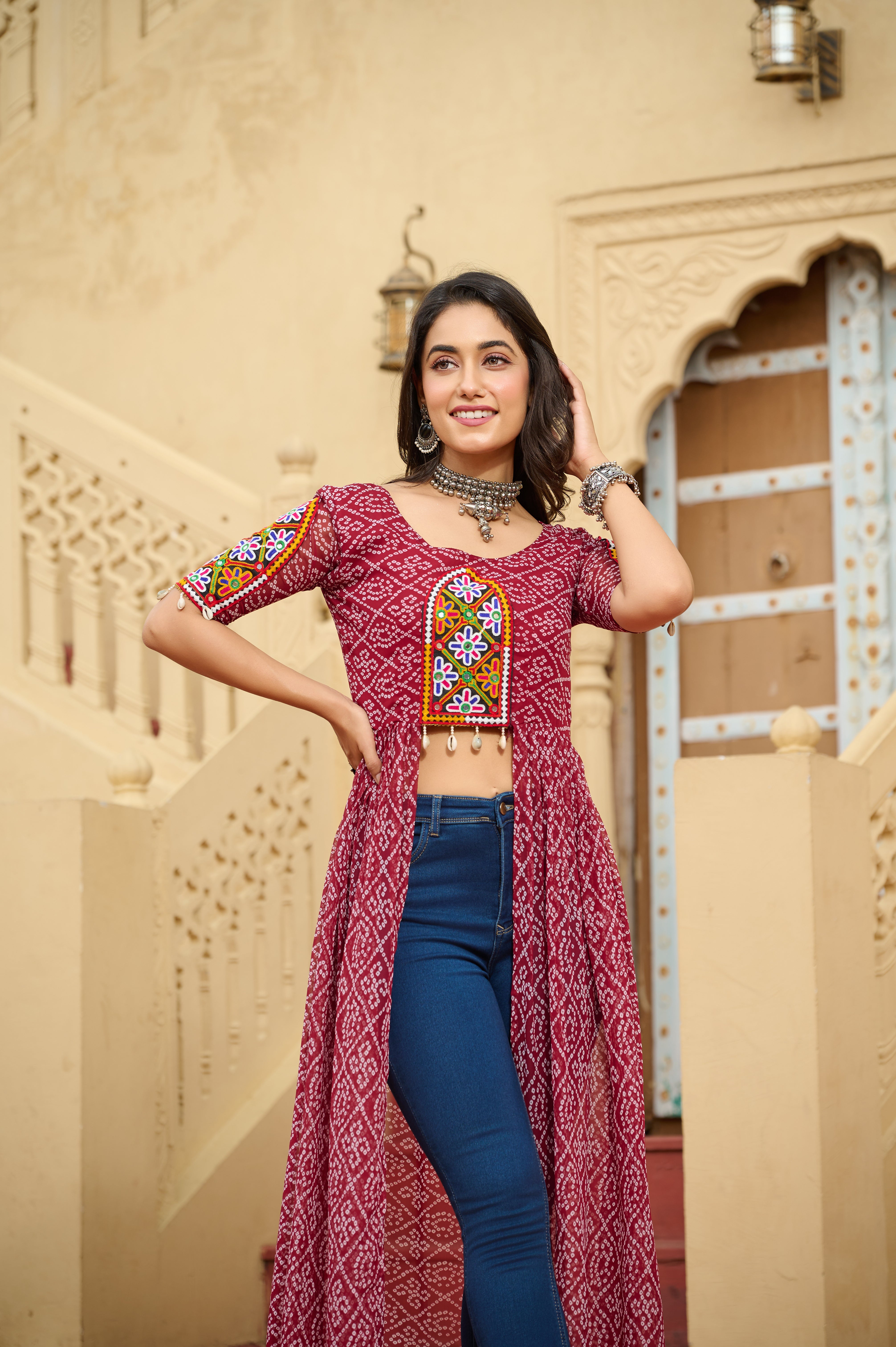 Kutchi Embroidered Short Jacket Style Printed Front-Slit Kurti