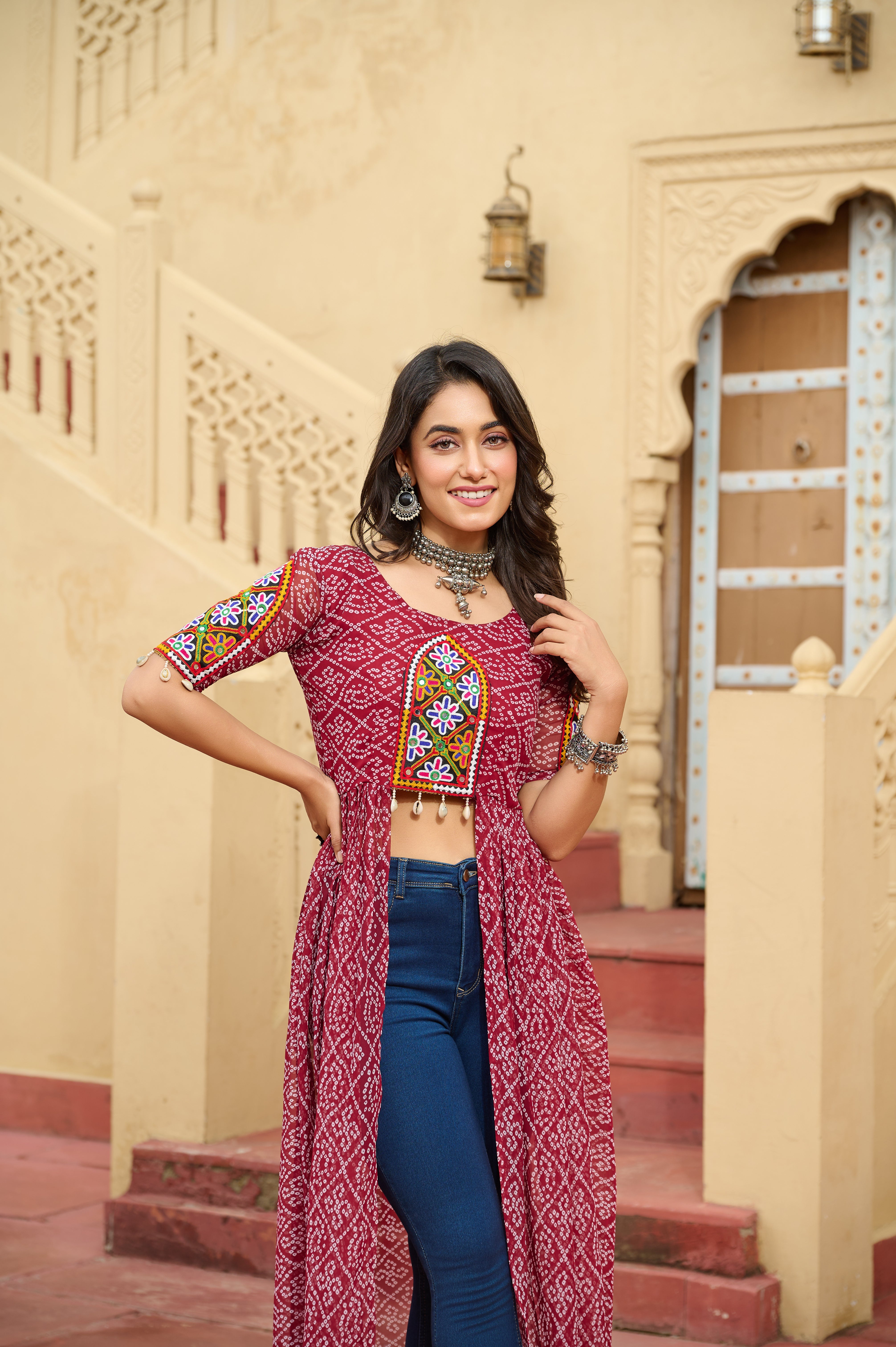 Kutchi Embroidered Short Jacket Style Printed Front-Slit Kurti