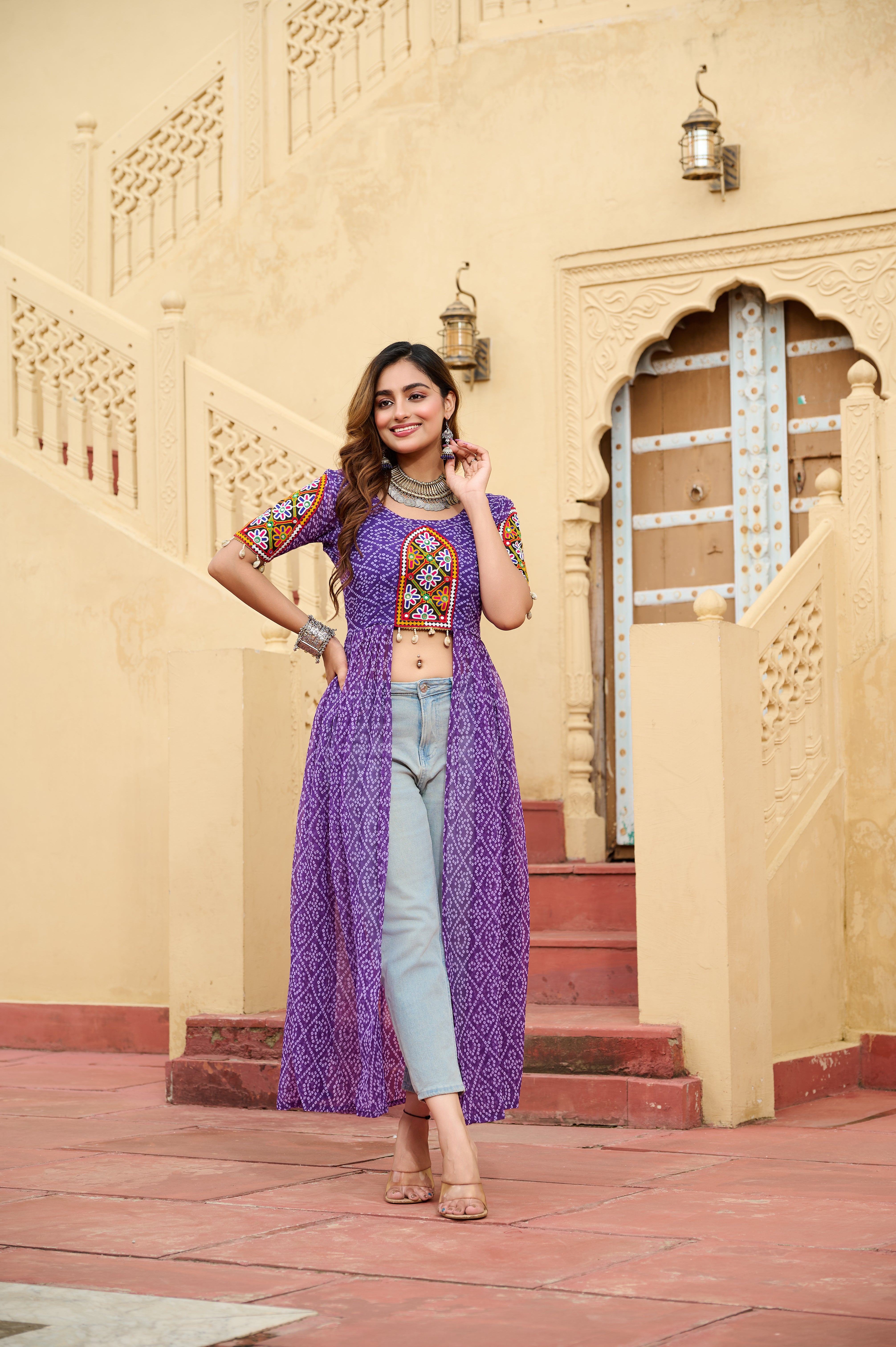 Kutchi Embroidered Short Jacket Style Printed Front-Slit Kurti