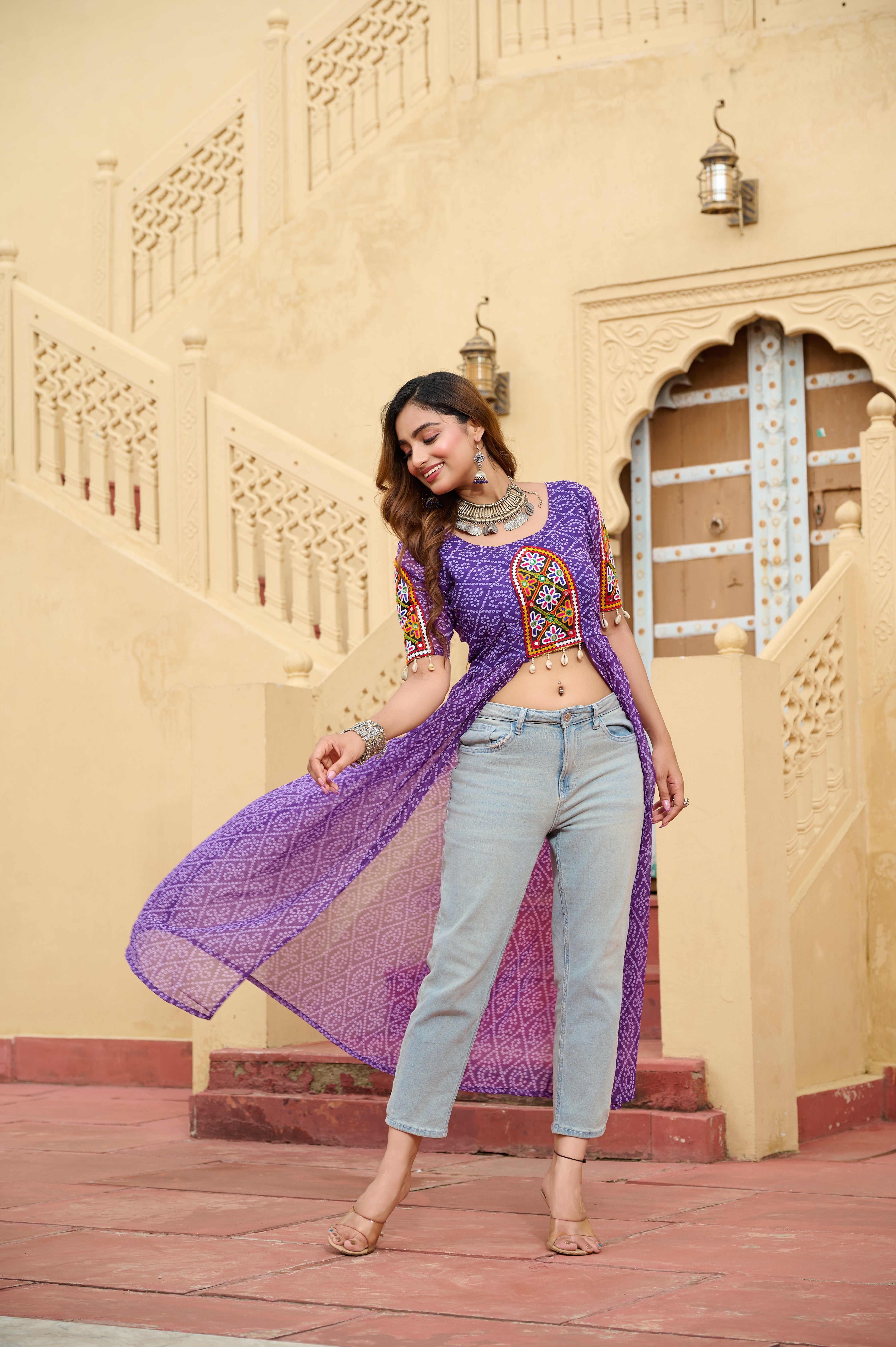 Kutchi Embroidered Short Jacket Style Printed Front-Slit Kurti