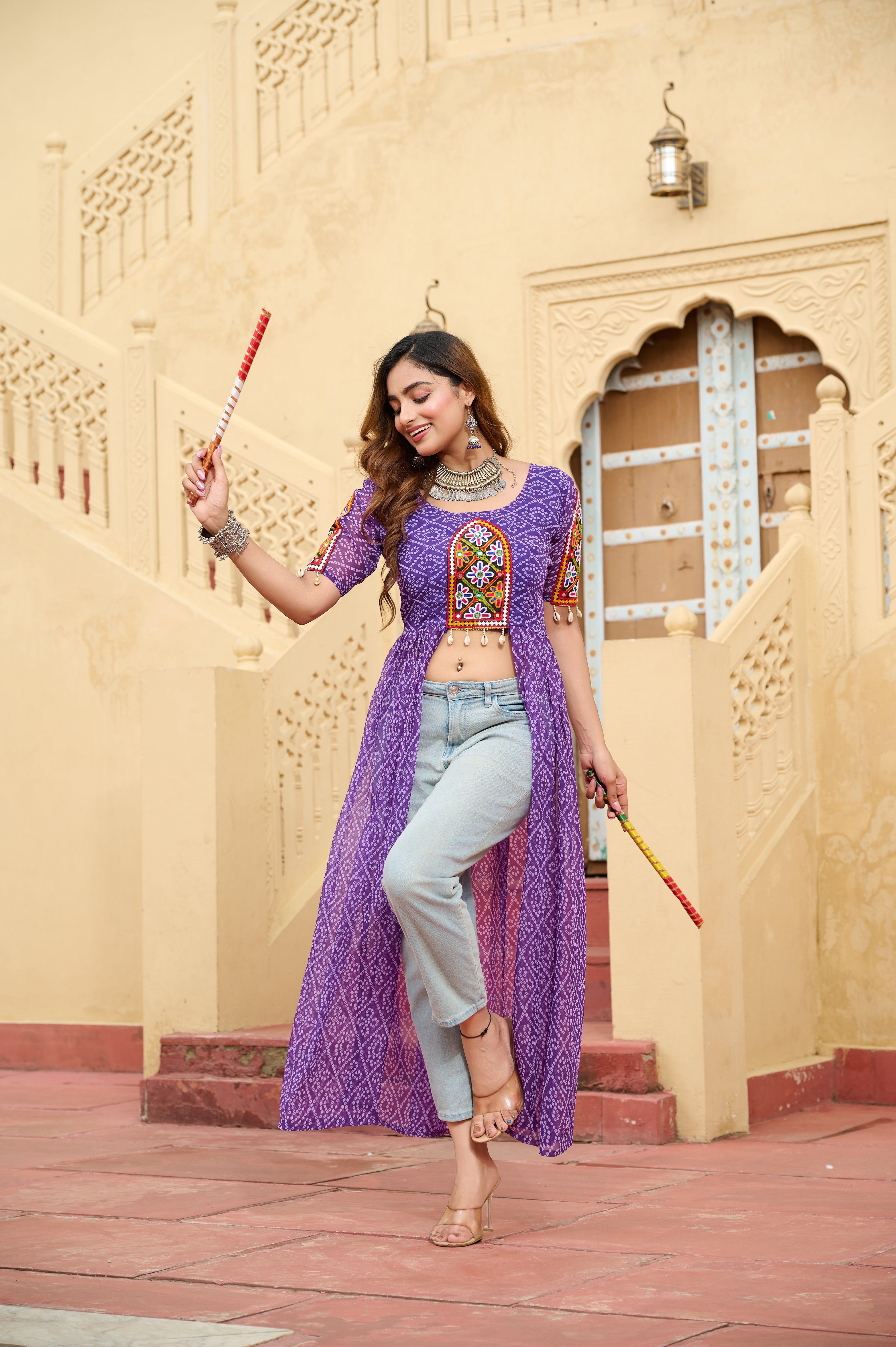 Kutchi Embroidered Short Jacket Style Printed Front-Slit Kurti
